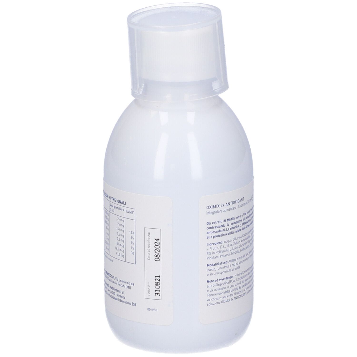 Flacone bianco Oximix 2+ Antioxidant. Retro con testo e data di scadenza. Tappo bianco. Testo: "Integratore Alimentare".