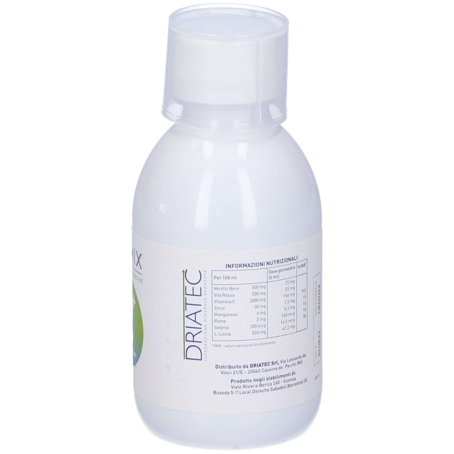 Flacone bianco Oximix 2+ Antioxidant. Retro con testo e informazioni nutrizionali. Tappo bianco. Testo: "Integratore Alimentare".