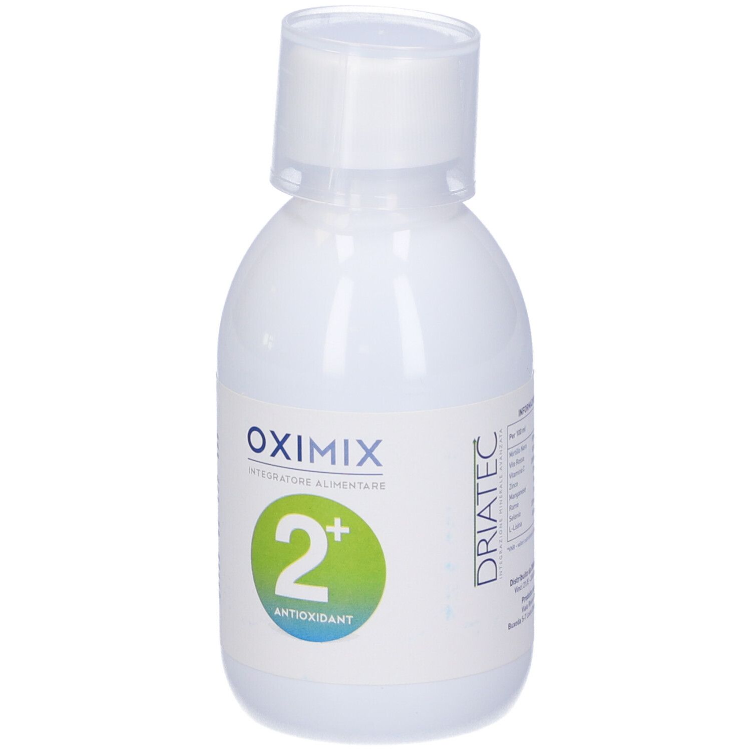 Flacone bianco Oximix 2+ Antioxidant. Cerchio verde con "2+" e "Antioxidant". Tappo bianco. Testo: "Integratore Alimentare".