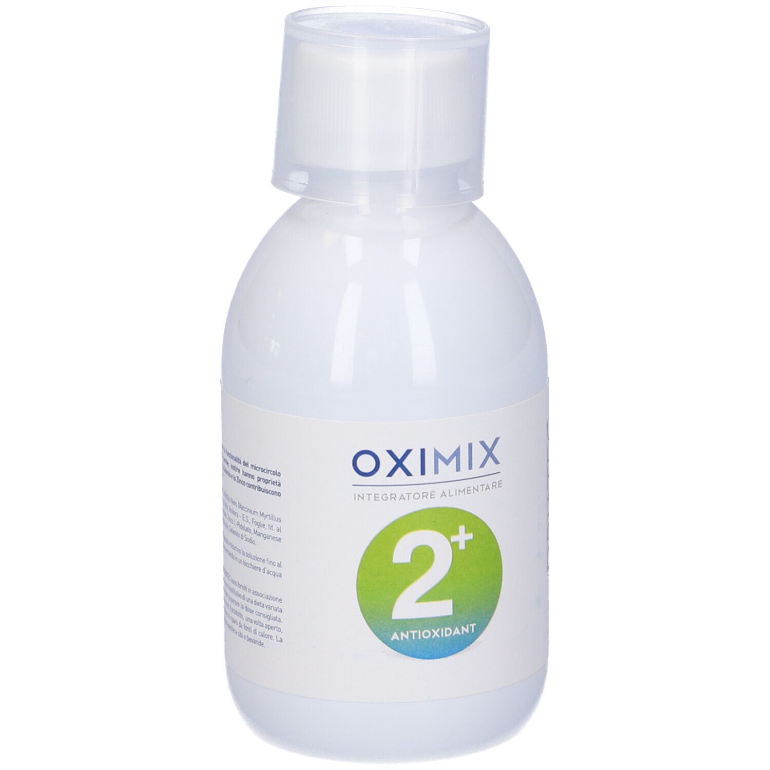 Flacone bianco Oximix 2+ Antioxidant. Cerchio verde con "2+" e "Antioxidant". Tappo bianco. Testo: "Integratore Alimentare".