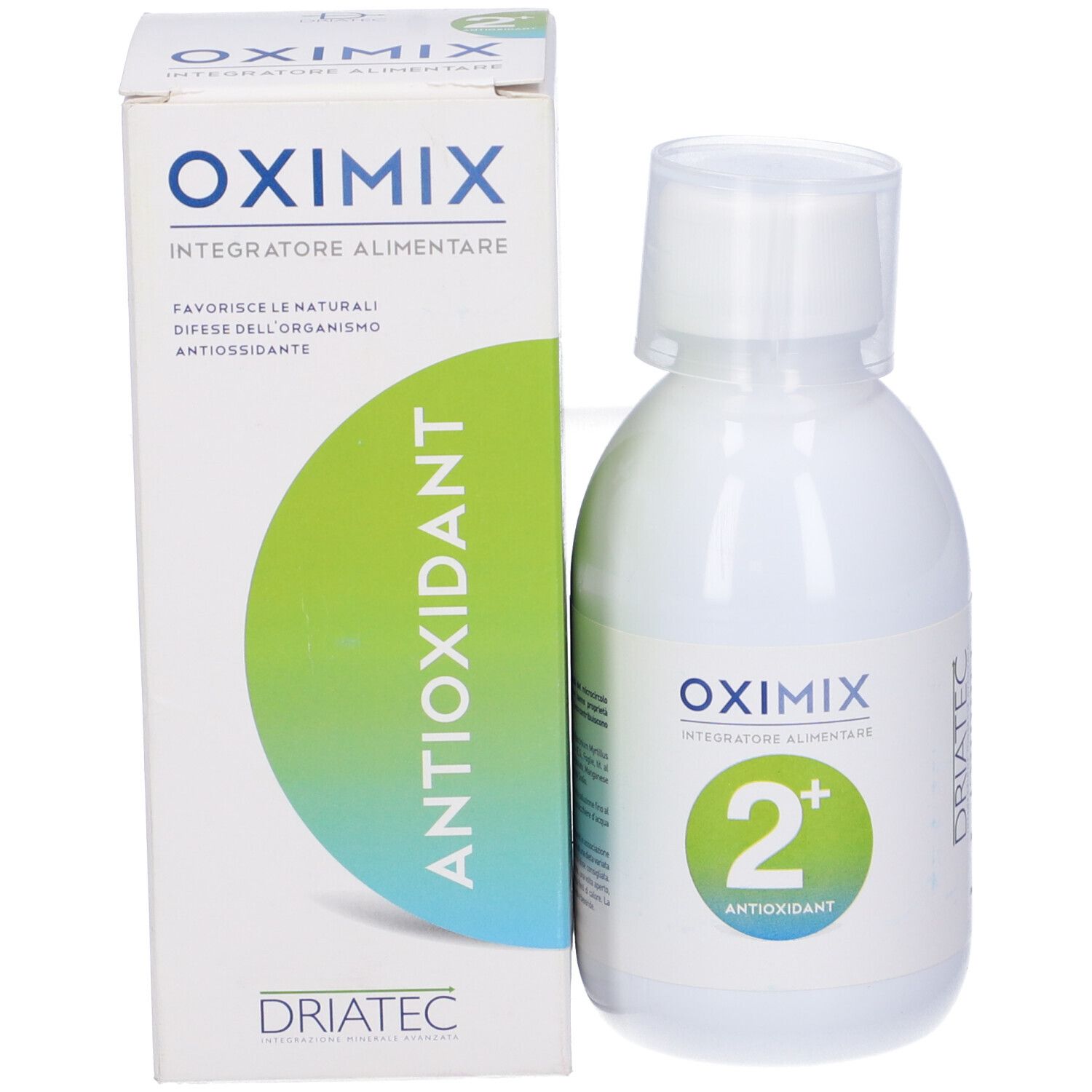 Flacone e confezione Oximix 2+ Antioxidant. Cerchio verde con "2+" e "Antioxidant". Testo: "Integratore Alimentare".