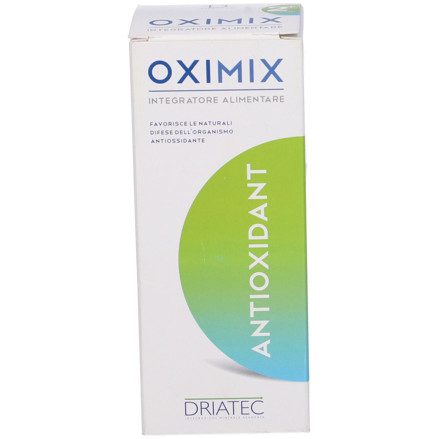 Confezione Oximix 2+ Antioxidant. Sfumatura verde con "Antioxidant". Testo: "Integratore Alimentare".