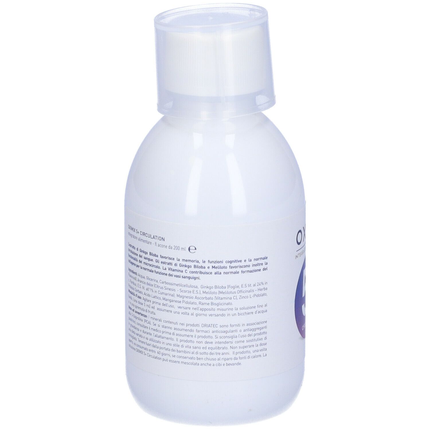 Flacone bianco con tappo bianco. Retro con testo. Produttore Driatec.