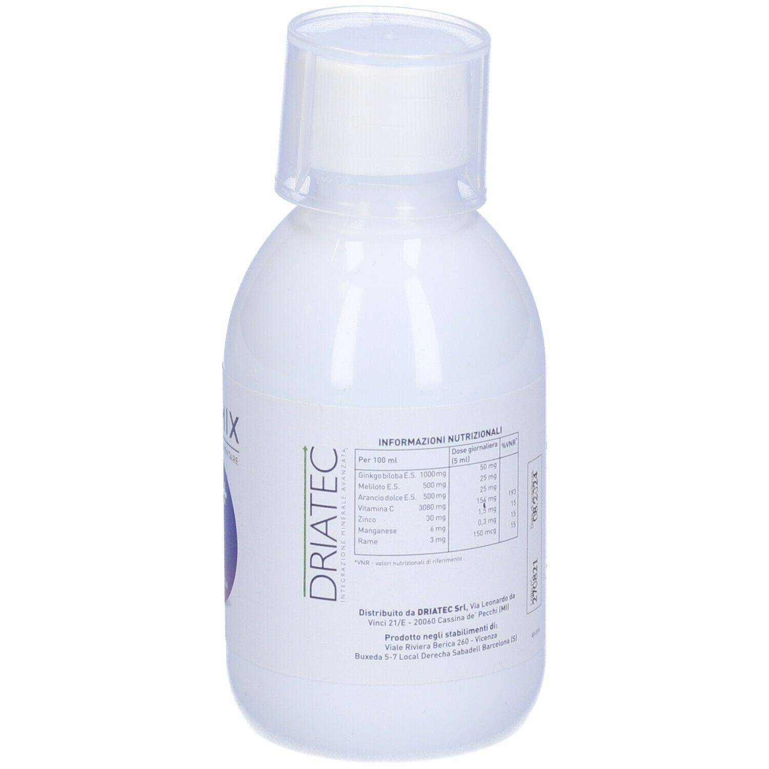 Flacone bianco con tappo bianco. Retro con informazioni nutrizionali. Produttore Driatec.