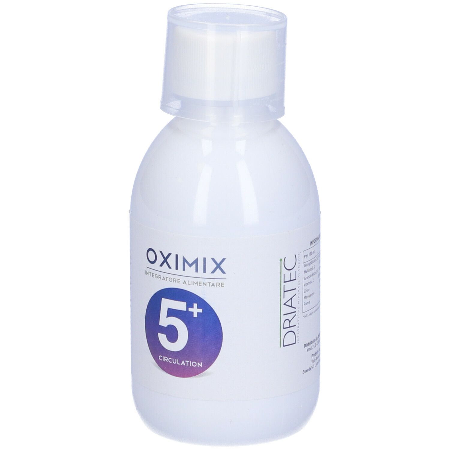 Flacone bianco con tappo bianco. Scritta Oximix 5+ Circulation. Produttore Driatec.