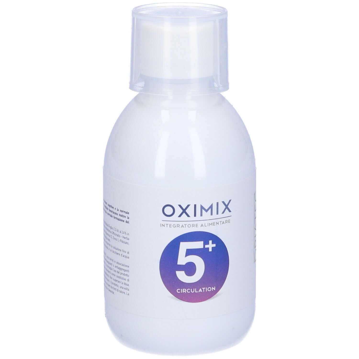 Flacone bianco con tappo bianco. Scritta Oximix 5+ Circulation. Produttore Driatec.