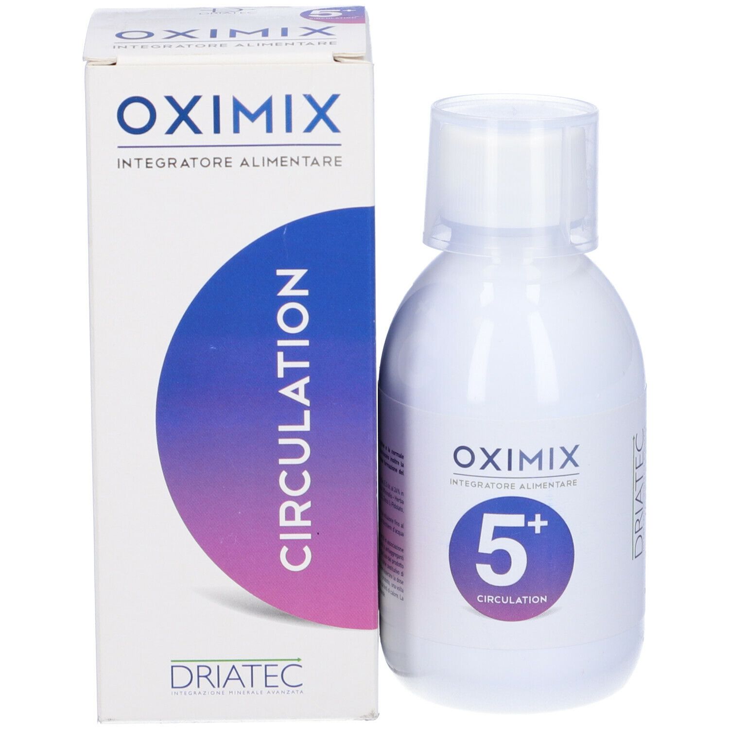 Flacone e confezione Oximix 5+. Confezione con scritta Oximix, Circulation e Driatec.
