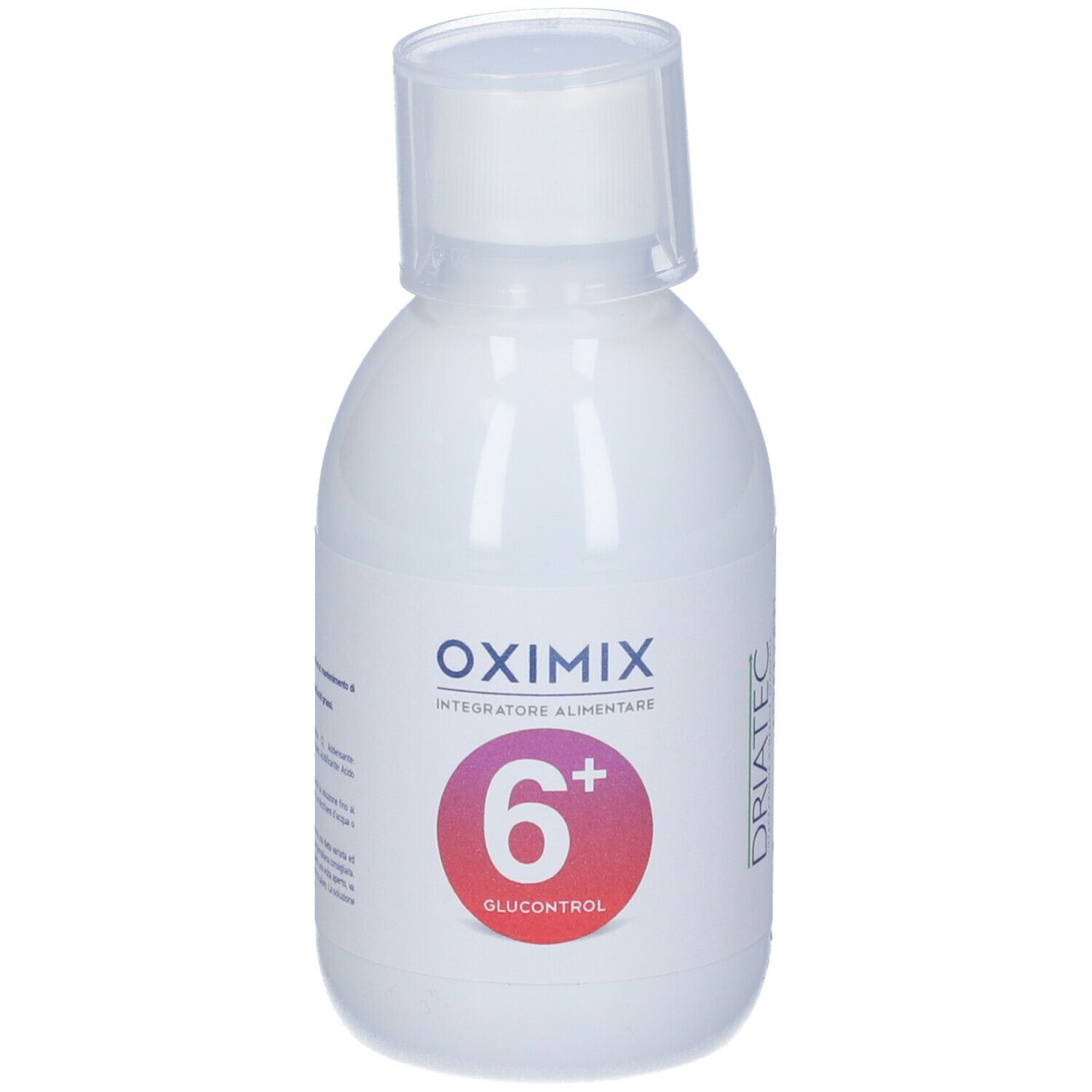 Bottiglia Oximix 6+ Glucocont. Bianca, con tappo a vite. Scritte: Oximix, 6+, Glucocont. Logo del produttore.
