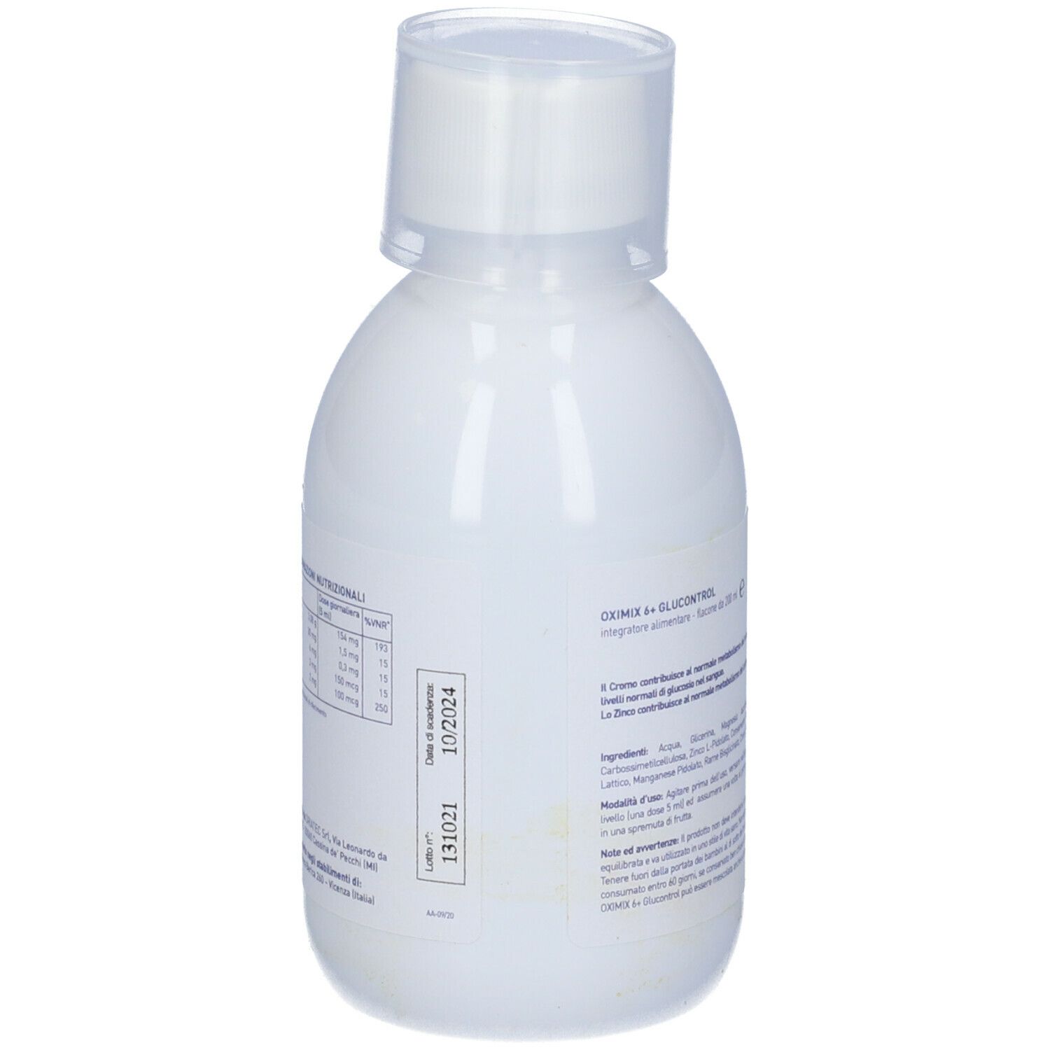 Retro della bottiglia Oximix 6+ Glucocont. Testo con ingredienti e informazioni nutrizionali. Data di scadenza.