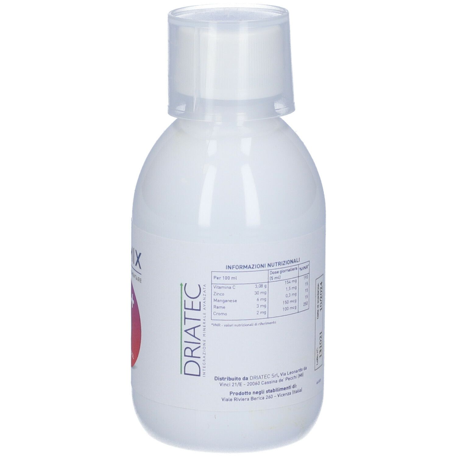 Retro della bottiglia Oximix 6+ Glucocont. Informazioni nutrizionali. Indirizzo del produttore.