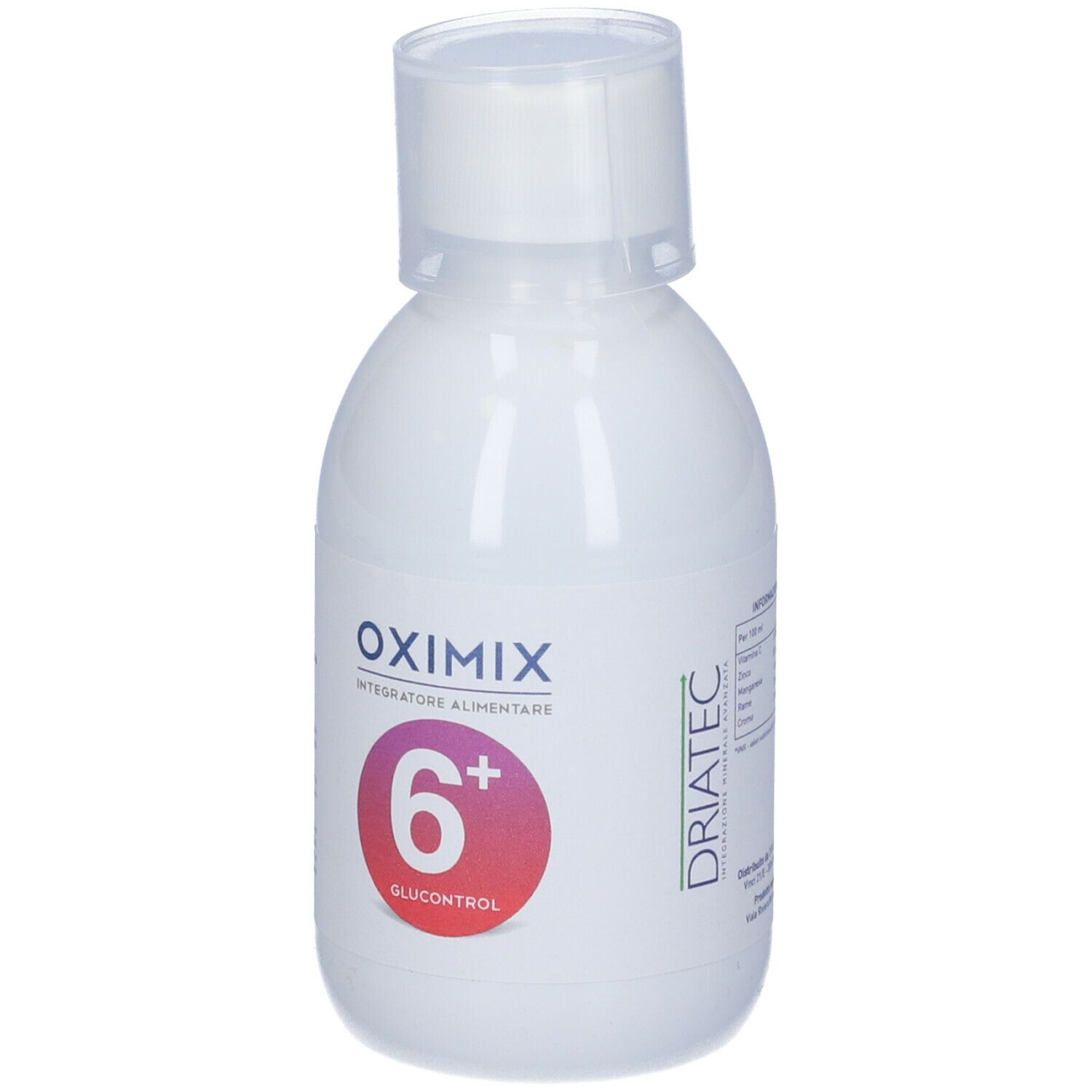 Bottiglia Oximix 6+ Glucocont. Scritte: Oximix, 6+, Glucocont. Logo del produttore. Sfumatura rosso-viola.