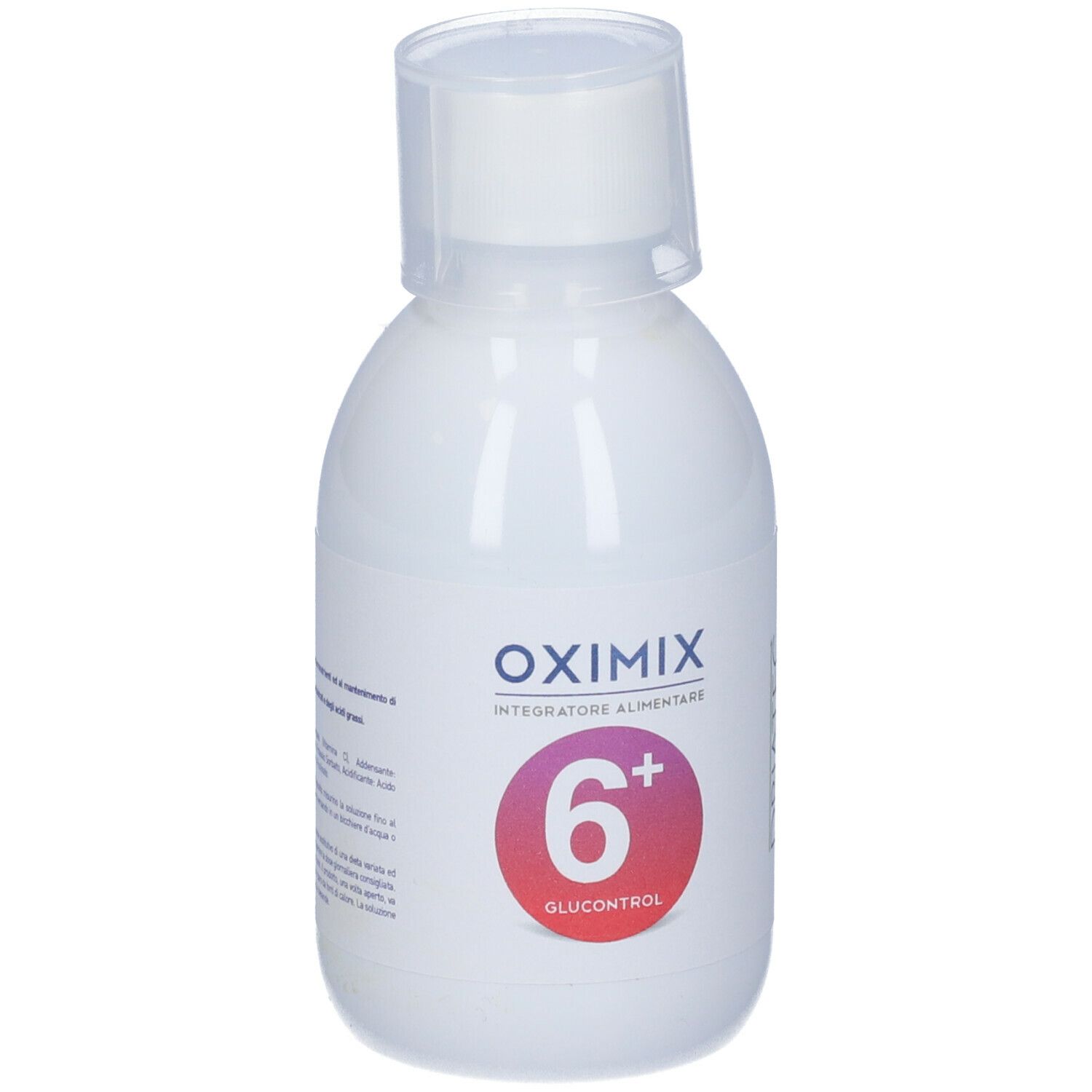 Bottiglia Oximix 6+ Glucocont. Scritte: Oximix, 6+, Glucocont. Logo del produttore.
