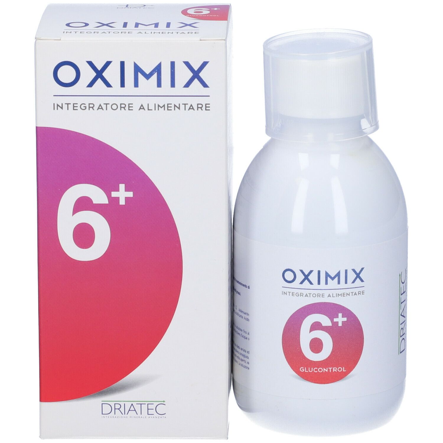 Bottiglia e confezione Oximix 6+ Glucocont. Scritte: Oximix, 6+, Glucocont. Logo del produttore.