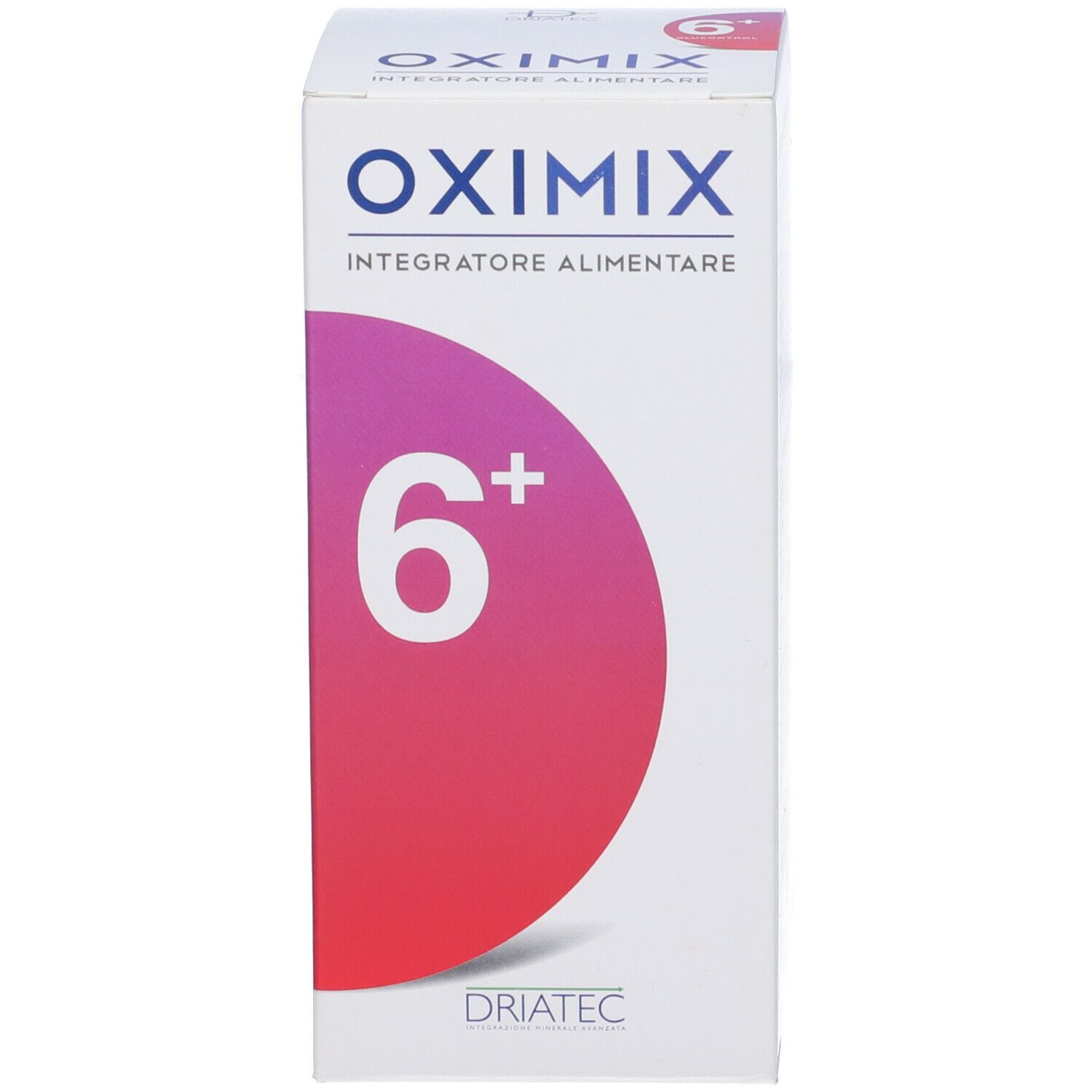 Confezione Oximix 6+ Glucocont. Scritte: Oximix, 6+, Glucocont. Logo del produttore. Sfumatura rosso-viola.