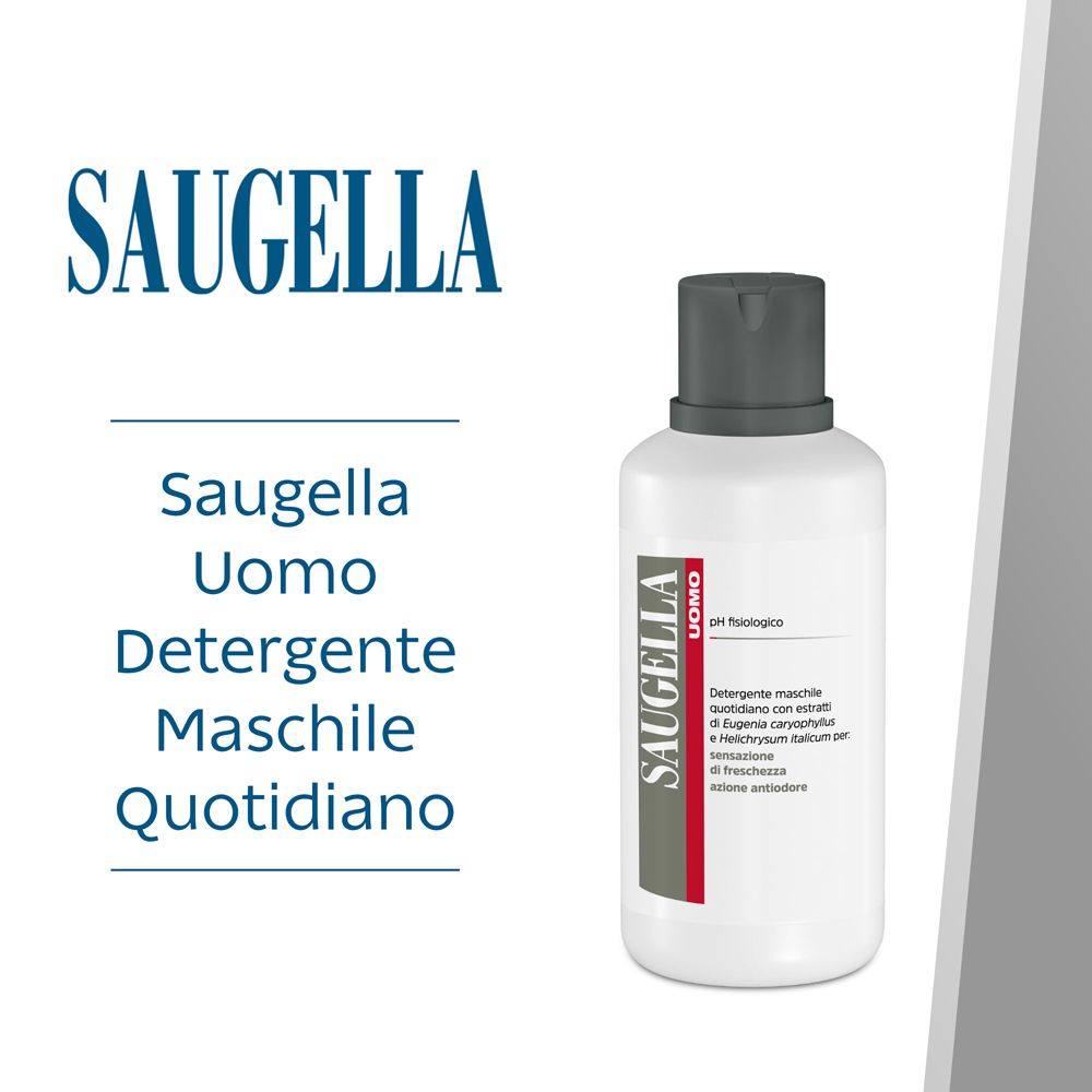 Flacone del prodotto con logo Saugella Uomo. Testo in italiano. Sfondo bianco.