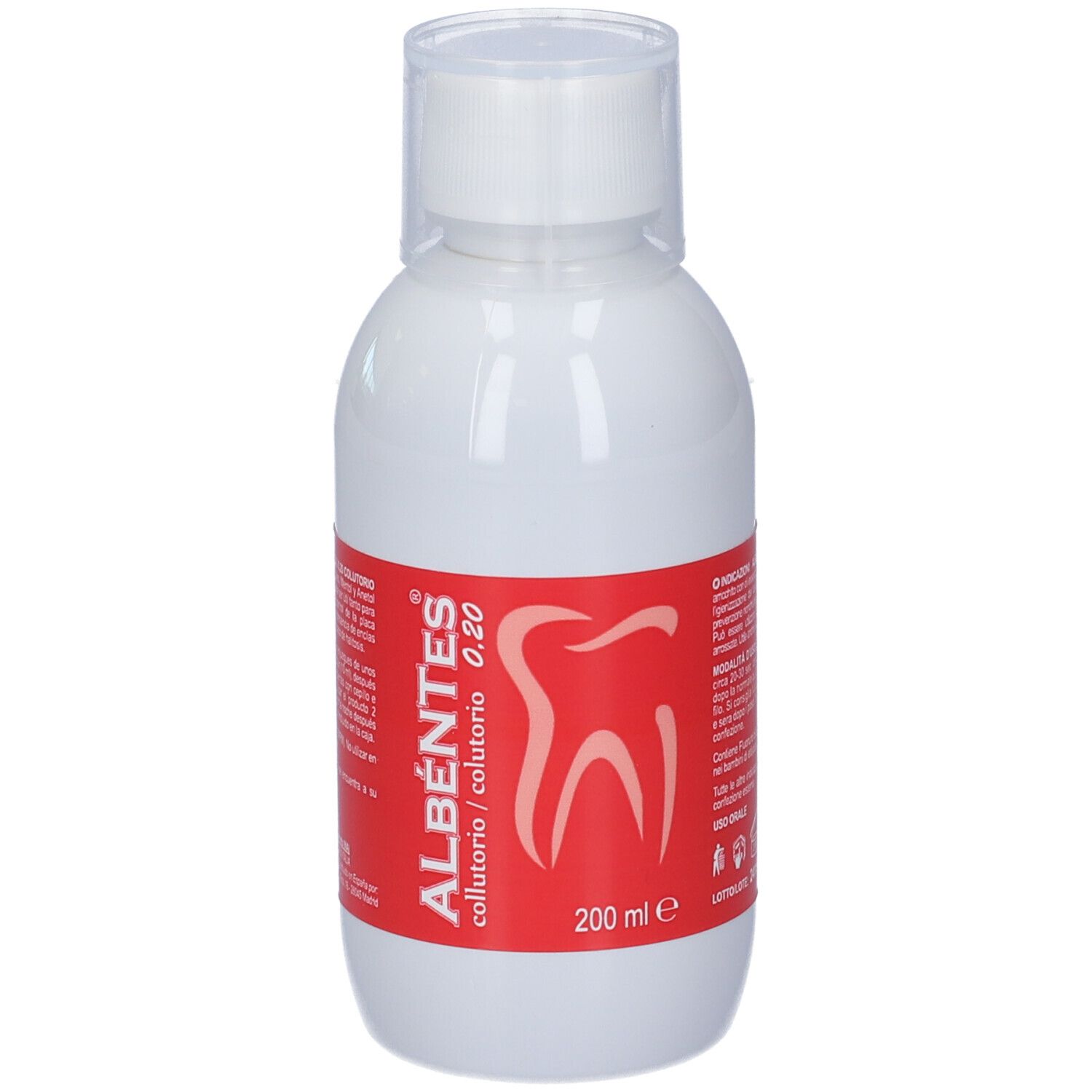 Flacone bianco con etichetta rossa. Scritto: Albéntes Collutorio 0,20. Simbolo dente. 200 ml.