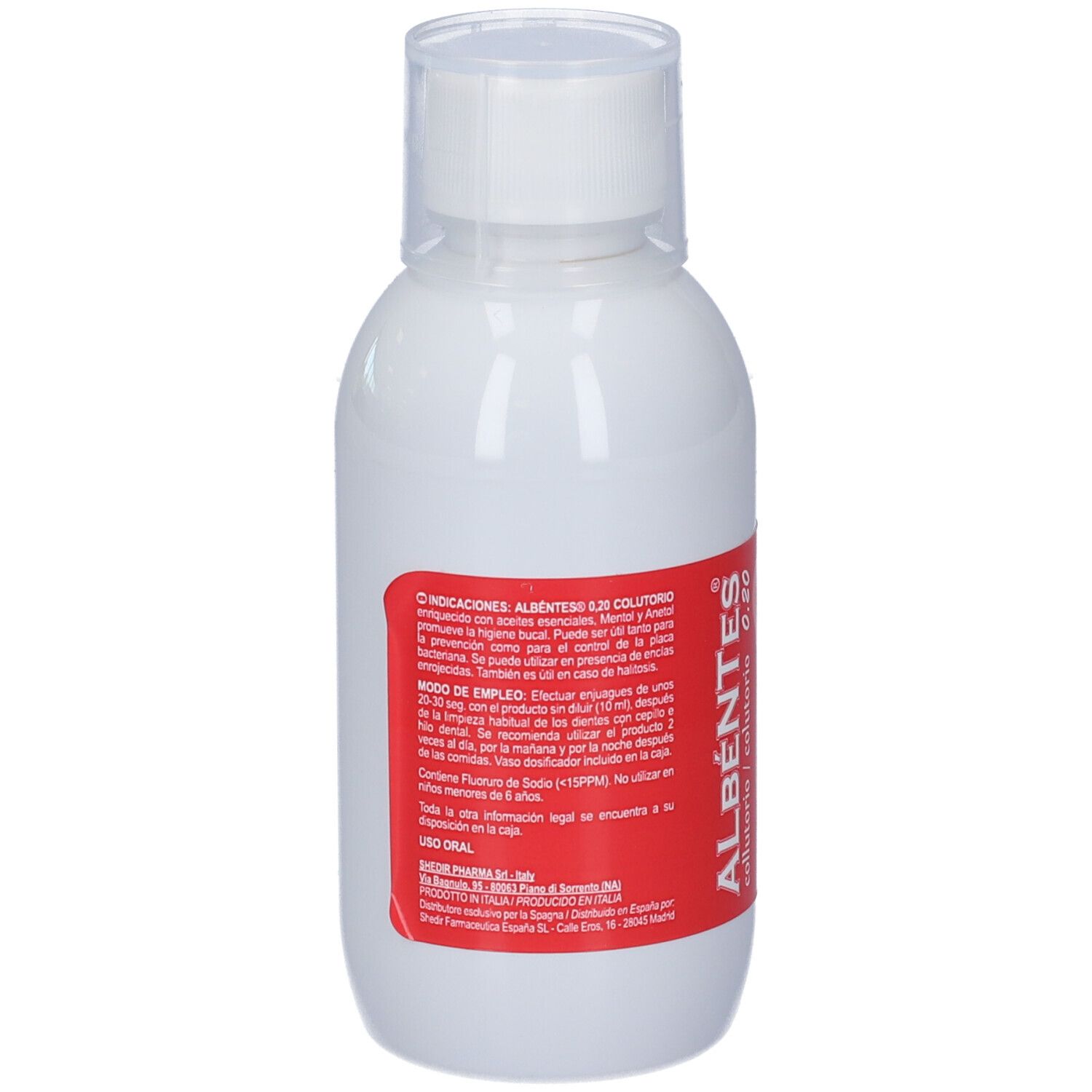 Flacone bianco con etichetta rossa. Scritto: Albéntes Collutorio 0,20. Simbolo dente.