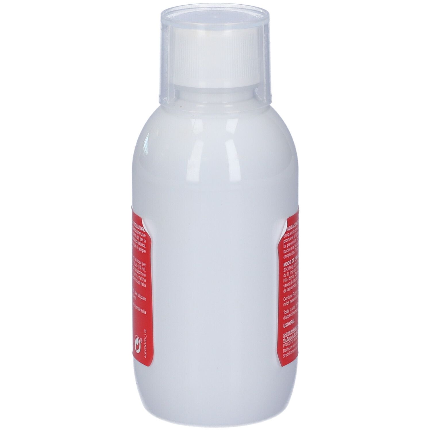 Flacone bianco con etichetta rossa. Scritto: Albéntes Collutorio 0,20. Simbolo dente.