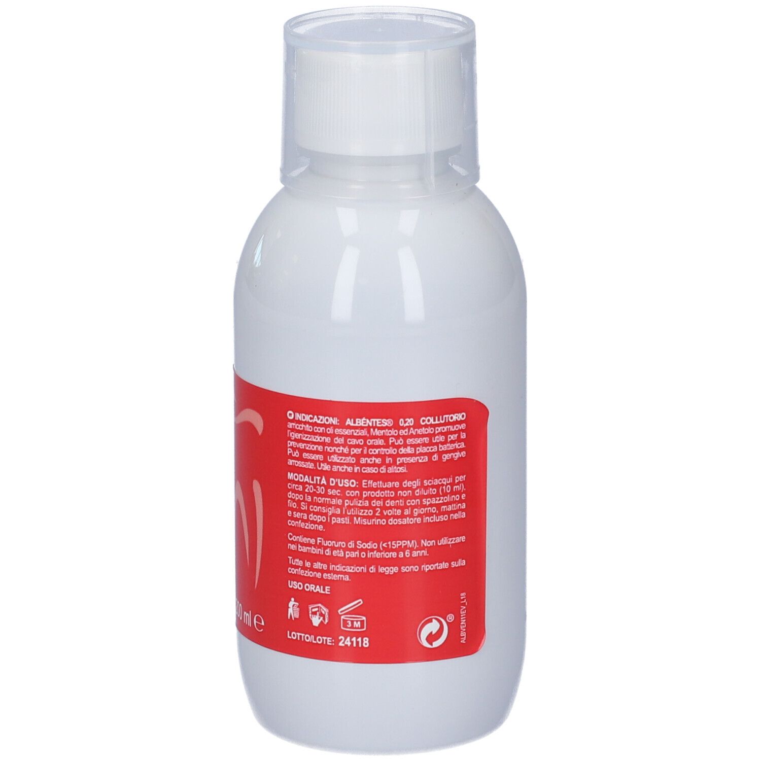 Flacone bianco con etichetta rossa. Scritto: Albéntes Collutorio 0,20. Simbolo dente.
