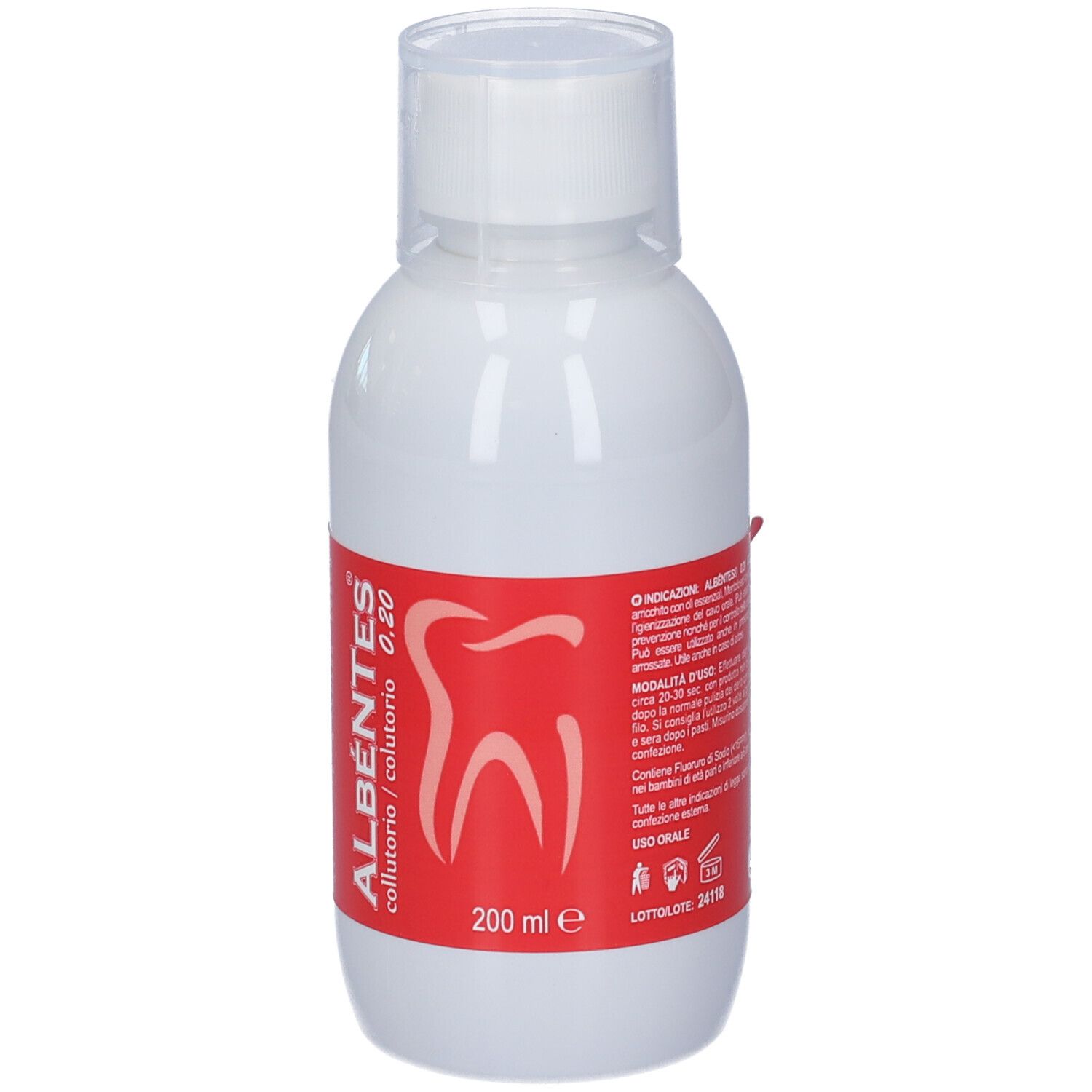 Flacone bianco con etichetta rossa. Scritto: Albéntes Collutorio 0,20. Simbolo dente. 200 ml.