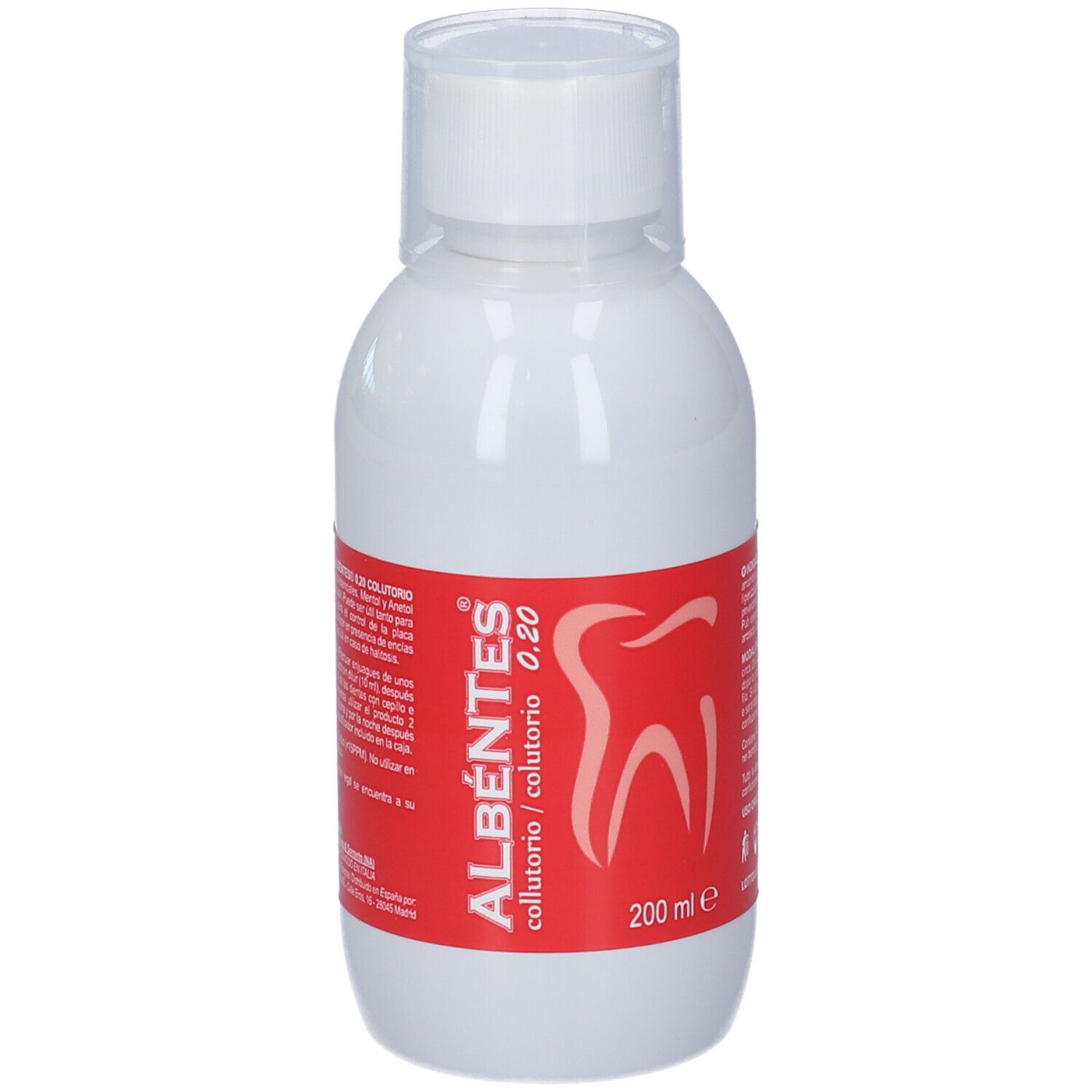 Flacone bianco con etichetta rossa. Scritto: Albéntes Collutorio 0,20. Simbolo dente. 200 ml.