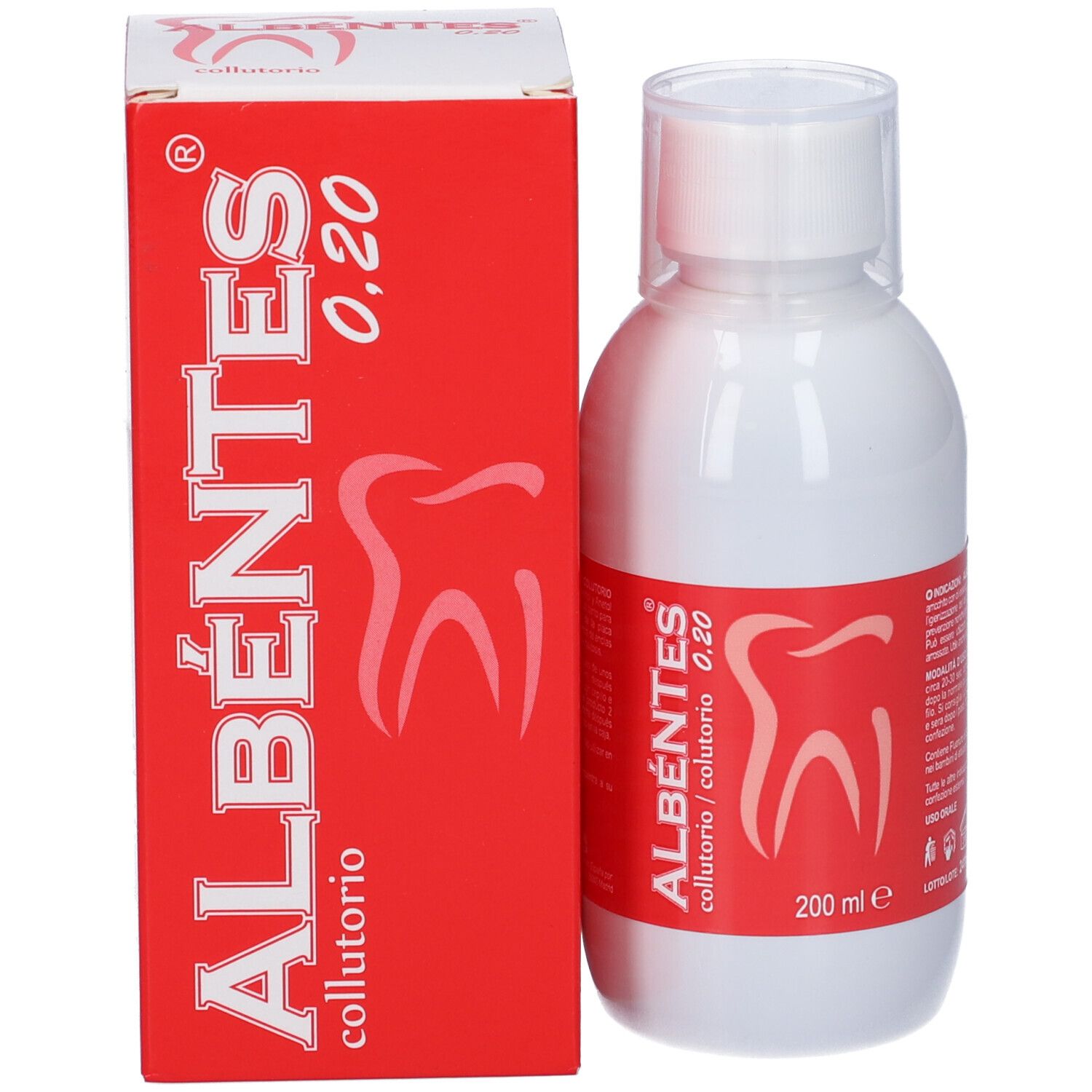 Scatola e flacone. Scritto: Albéntes Collutorio 0,20. Simbolo dente. 200 ml.