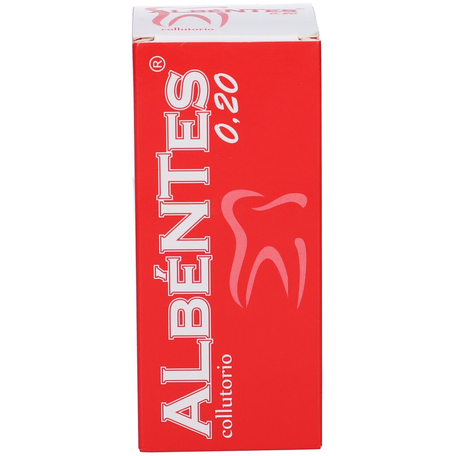 Scatola rossa. Scritto: Albéntes Collutorio 0,20. Simbolo dente.