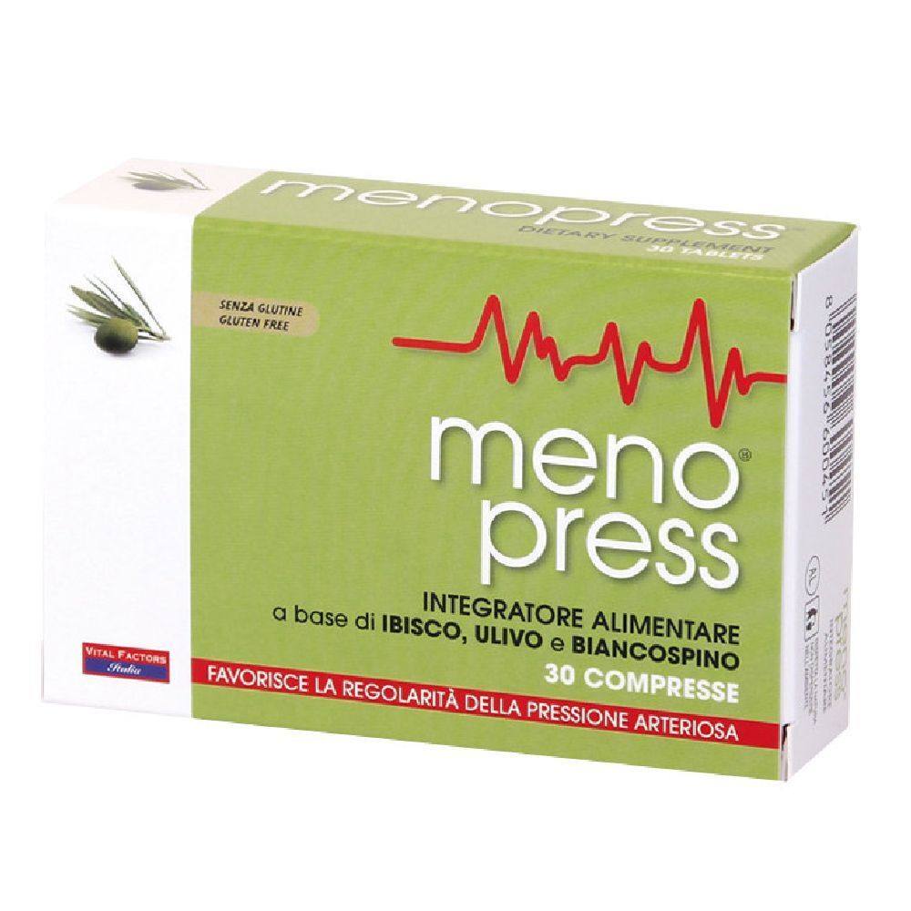 Scatola "menopress" con 30 compresse. Design verde e bianco, illustrazione di ramo d'ulivo. Senza glutine.