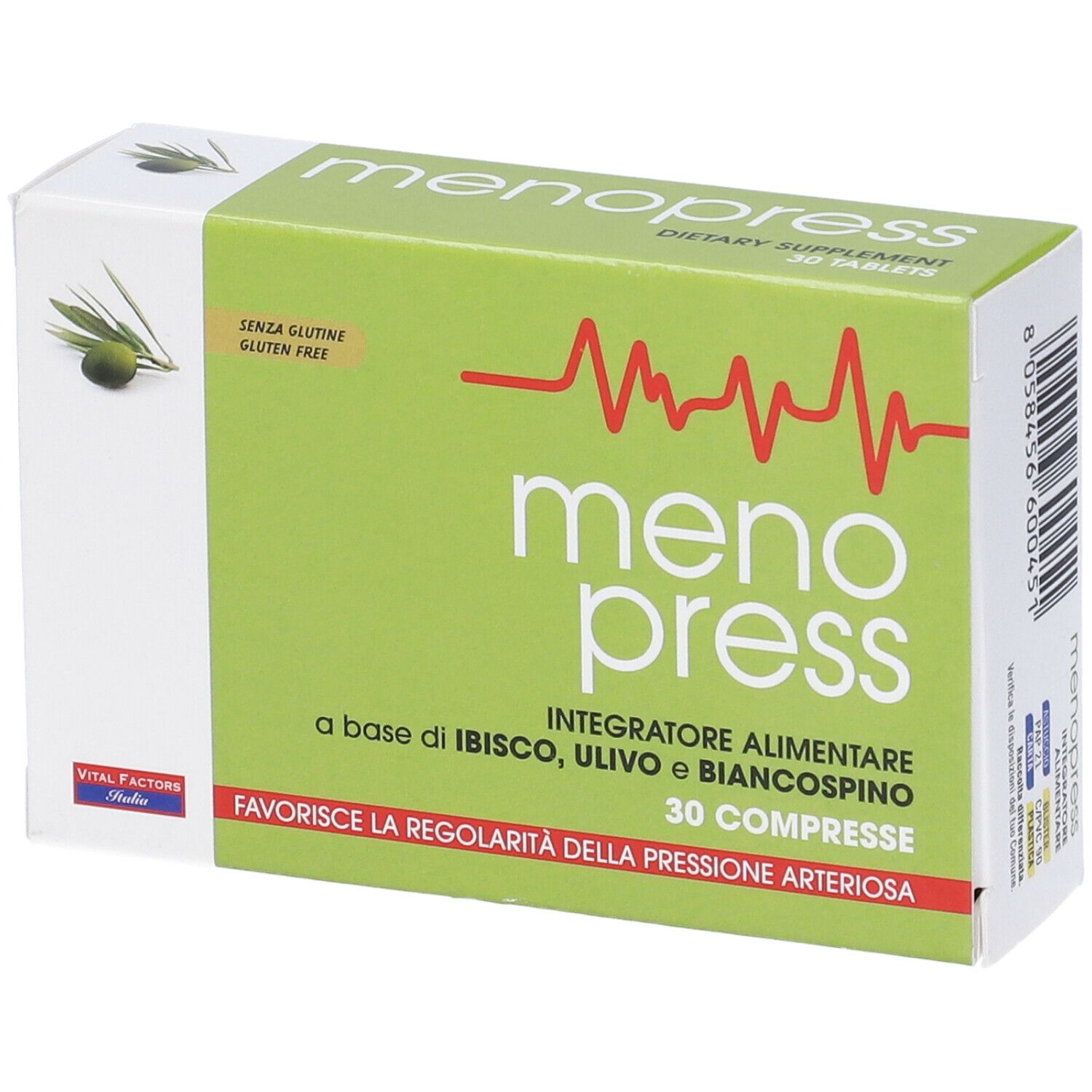 Scatola "menopress" con 30 compresse. Design verde e bianco, illustrazione di ramo d'ulivo. Senza glutine.