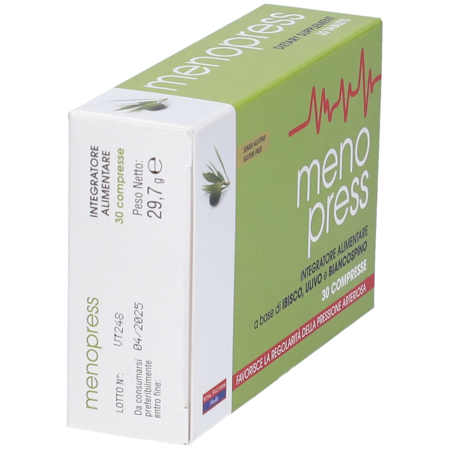 Scatola "menopress" con 30 compresse. Design verde e bianco, illustrazione di ramo d'ulivo. Senza glutine.