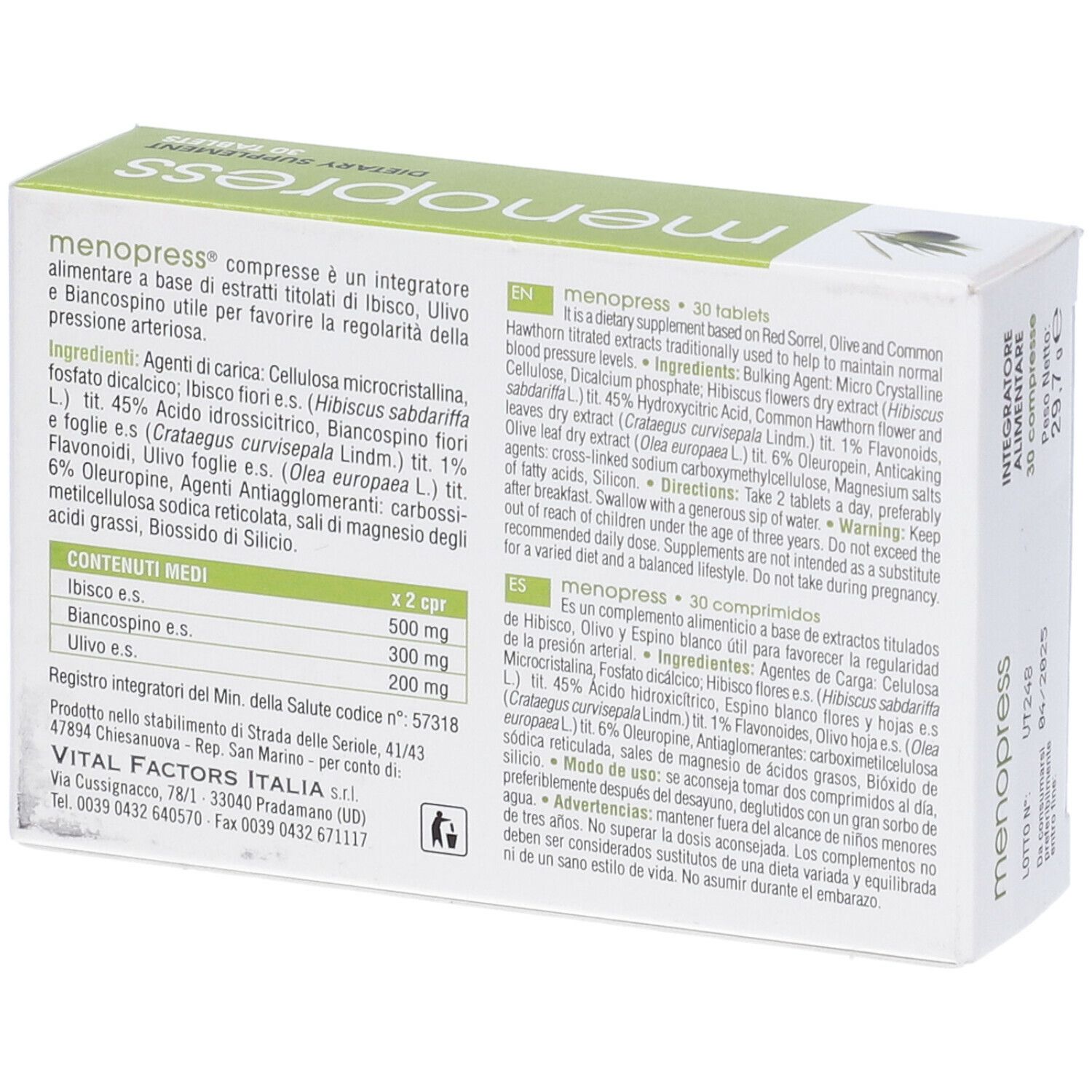 Scatola "menopress" con 30 compresse. Retro con ingredienti e informazioni del produttore.