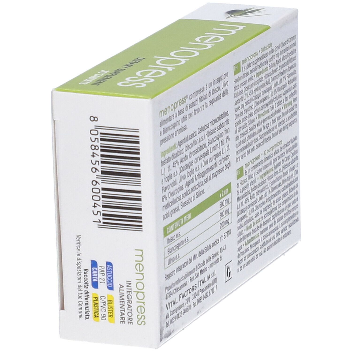 Scatola "menopress" con 30 compresse. Retro con ingredienti e informazioni del produttore.