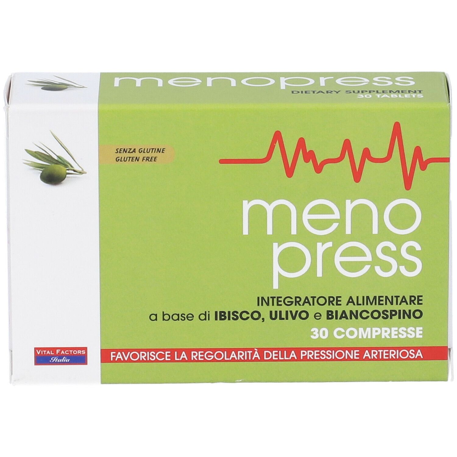 Scatola "menopress" con 30 compresse. Design verde e bianco, illustrazione di ramo d'ulivo. Senza glutine.