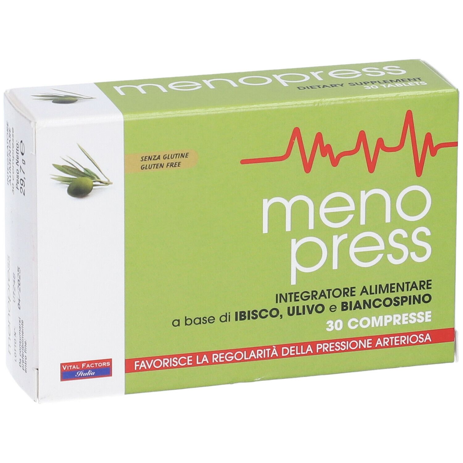 Scatola "menopress" con 30 compresse. Design verde e bianco, illustrazione di ramo d'ulivo. Senza glutine.