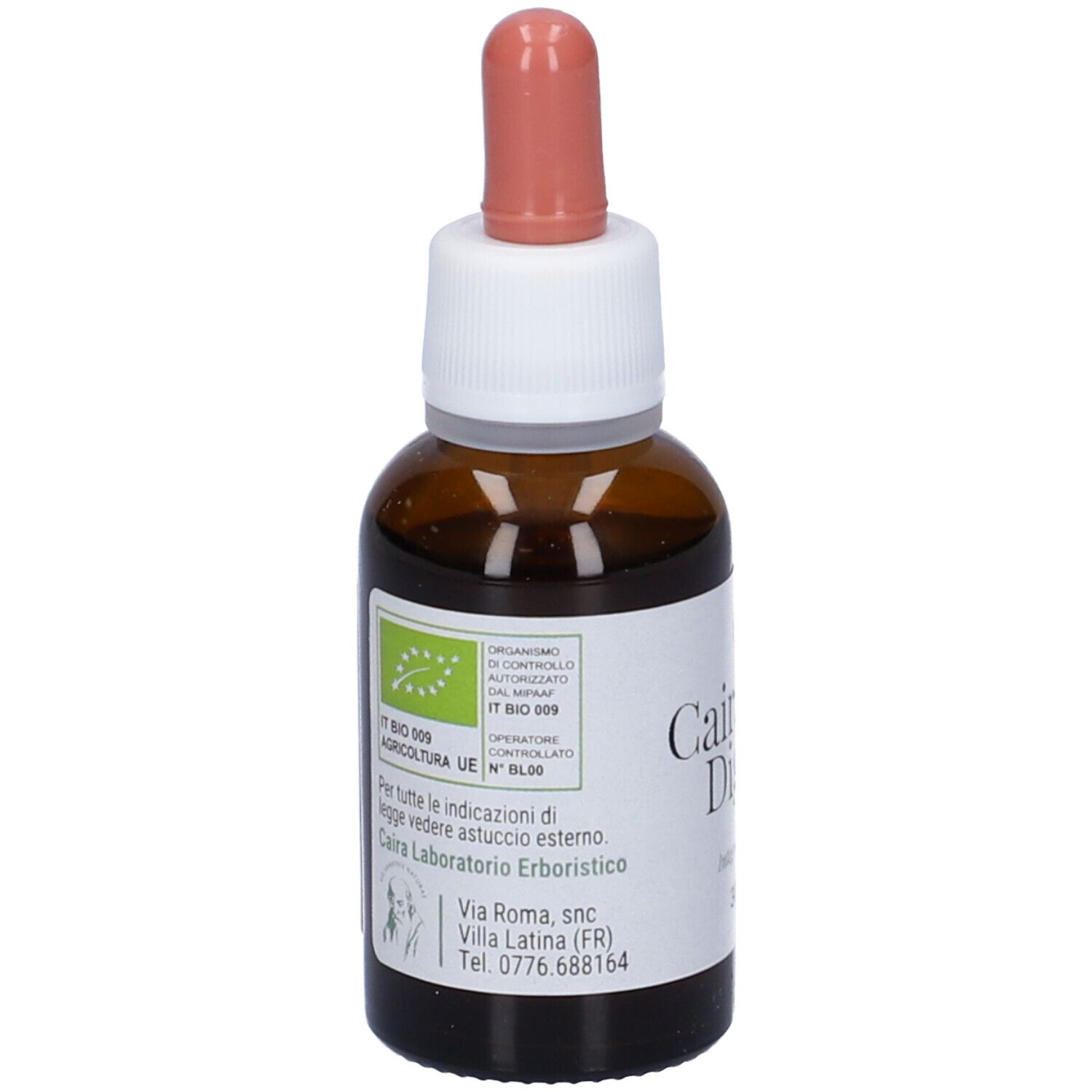 Flacone di vetro marrone con etichetta bianca e contagocce. Certificazione bio. Scritta: Cairagem Digest.