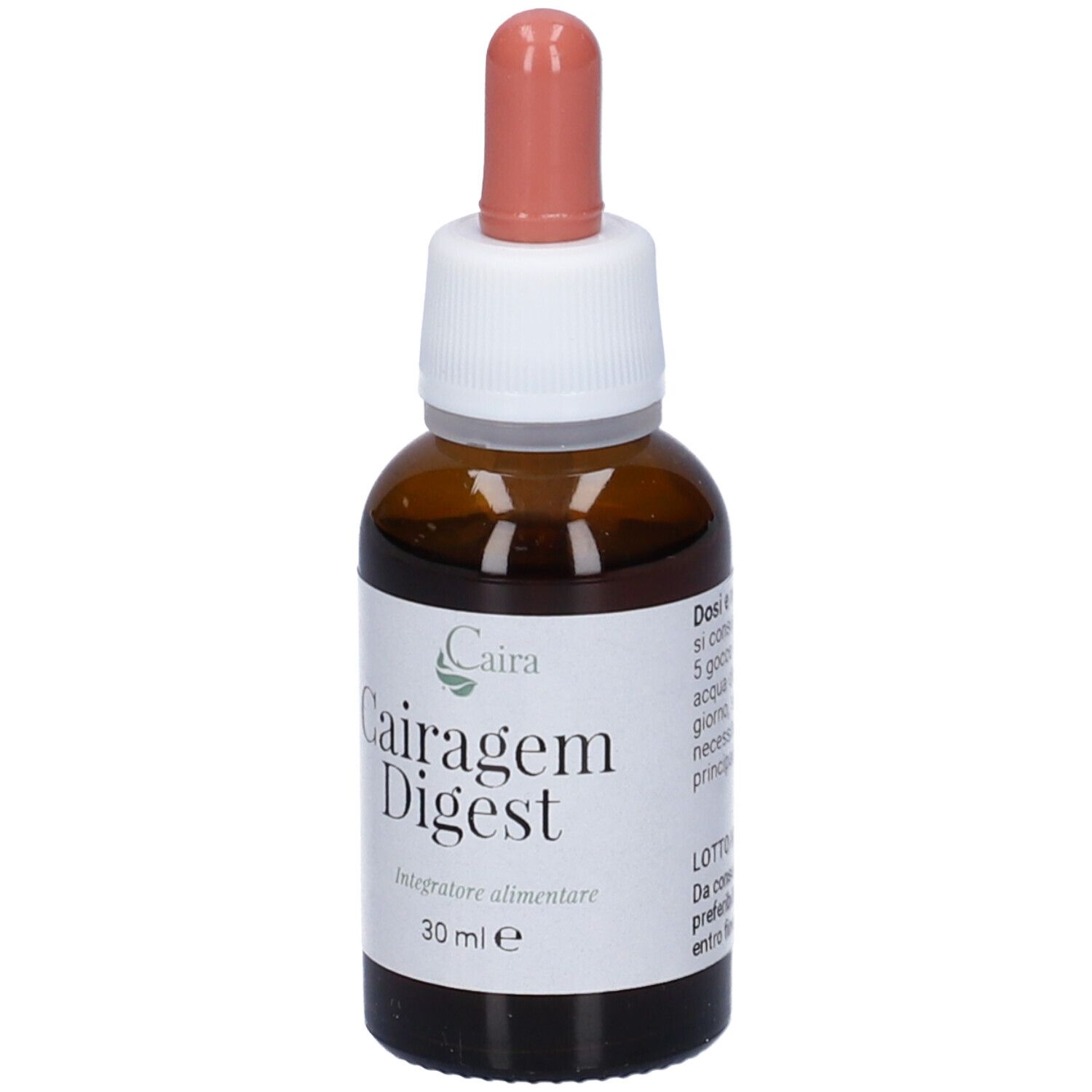 Flacone di vetro marrone con etichetta bianca e contagocce. Scritta: Cairagem Digest, 30 ml e.