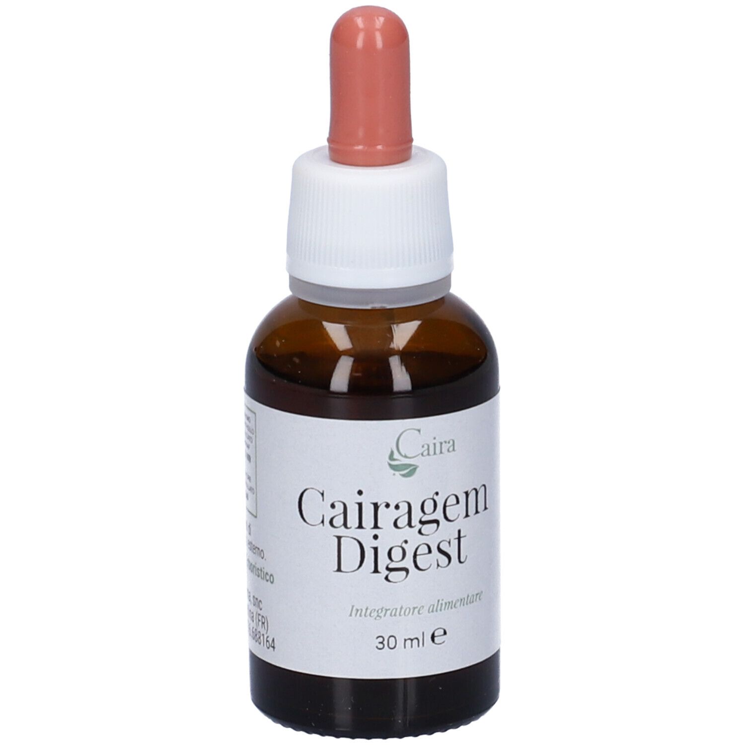 Flacone di vetro marrone con etichetta bianca e contagocce. Scritta: Cairagem Digest, 30 ml e.
