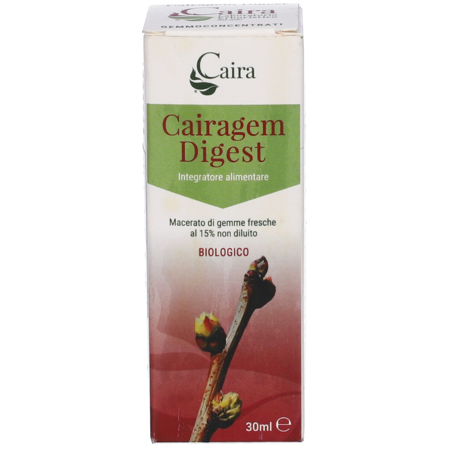 Confezione del prodotto. Scatola con scritta Cairagem Digest. Ramo con gemme.
