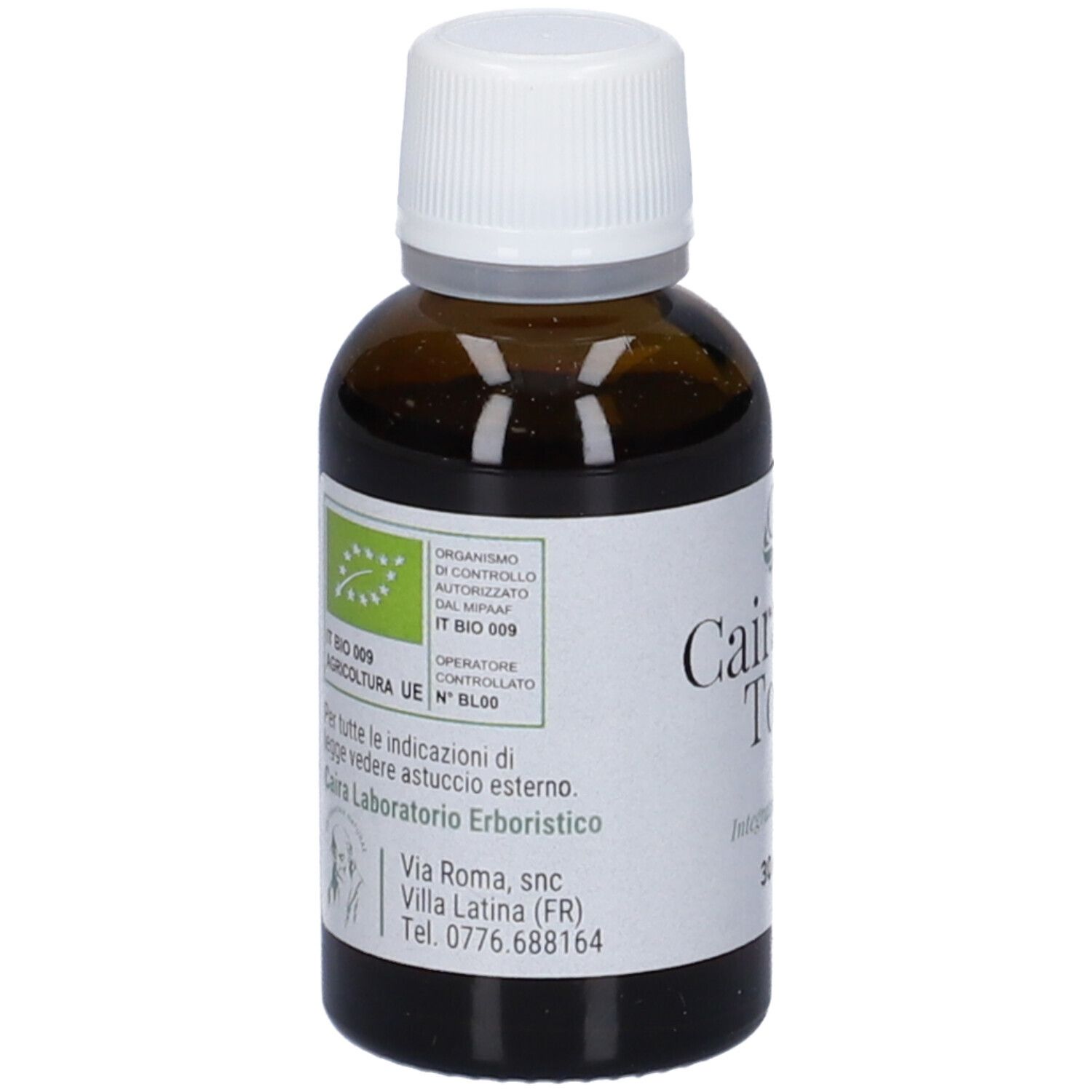 Flacone in vetro marrone con tappo bianco. Etichetta con testo e certificazione bio. Marchio Cairagem.