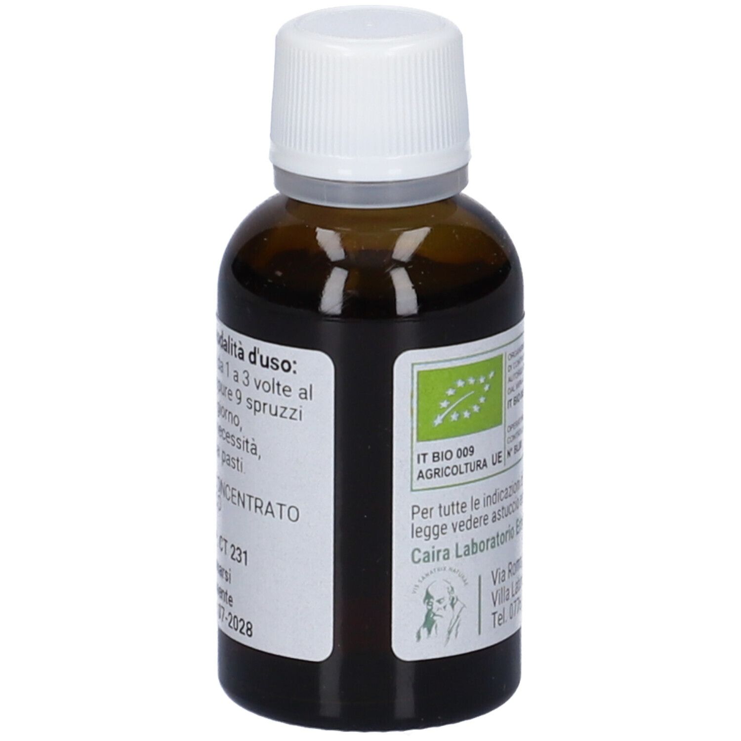 Flacone in vetro marrone con tappo bianco. Etichetta con testo e certificazione bio. Marchio Cairagem.