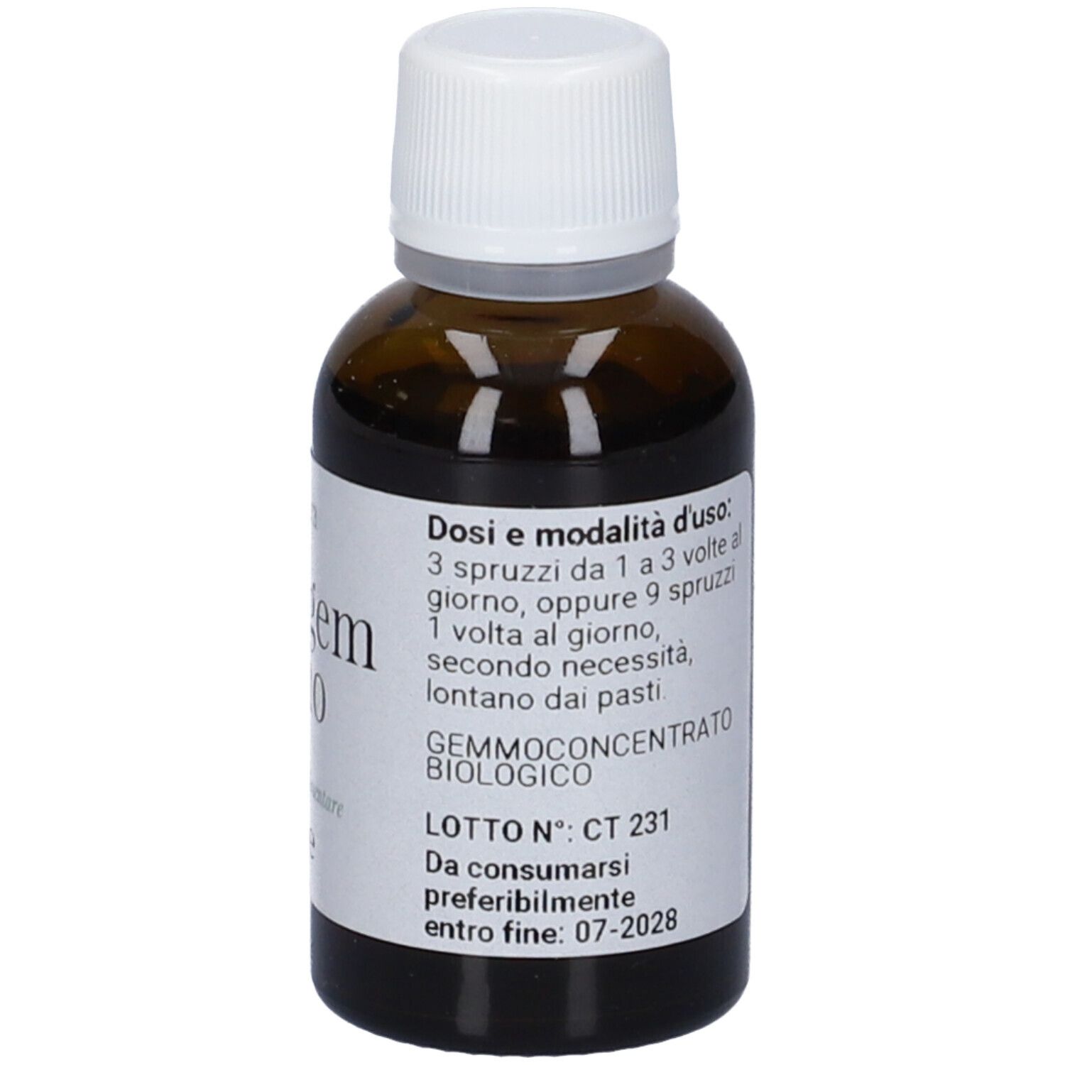 Flacone in vetro marrone con tappo bianco. Etichetta con testo e certificazione bio. Marchio Cairagem.