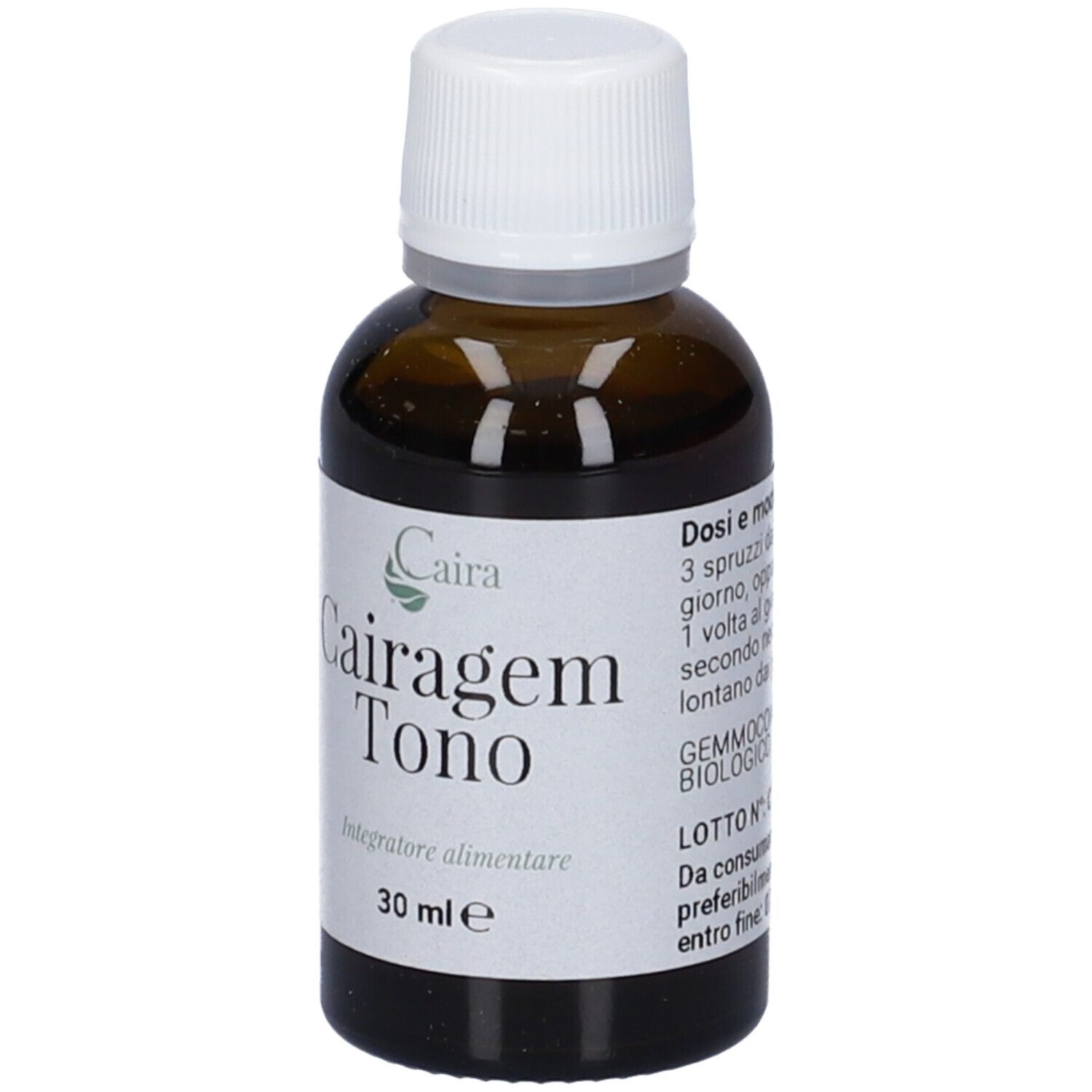 Flacone in vetro marrone con tappo bianco. Etichetta con nome prodotto e indicazione 30 ml. Marchio Cairagem.