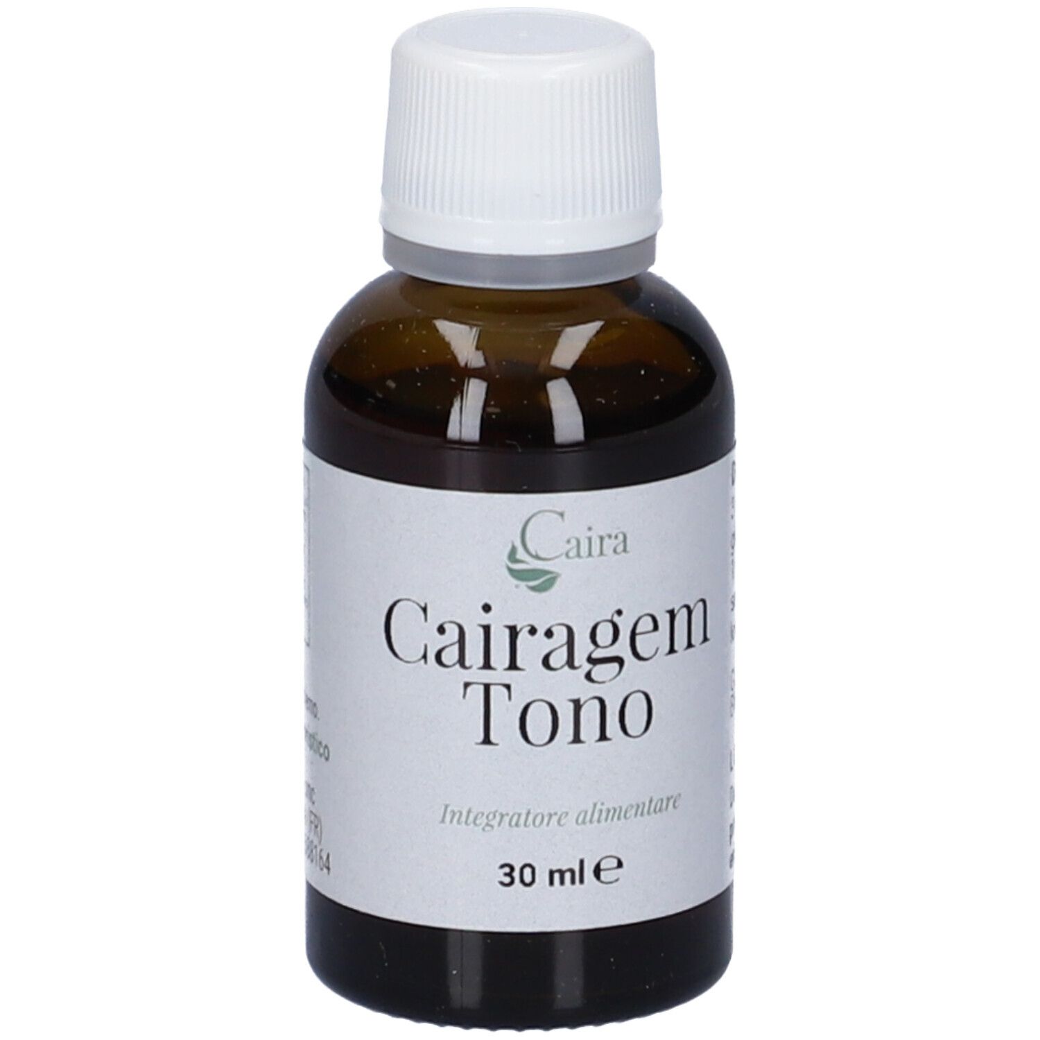 Flacone in vetro marrone con tappo bianco. Etichetta con nome prodotto e indicazione 30 ml. Marchio Cairagem.