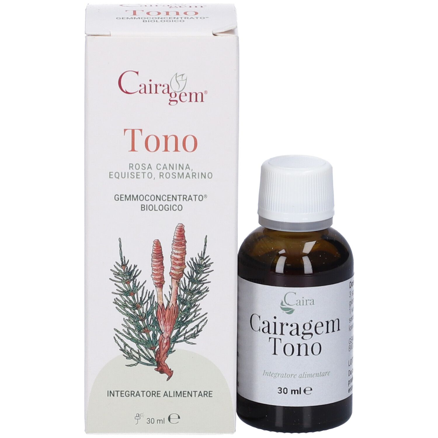 Flacone e confezione del prodotto. Confezione con nome del prodotto, ingredienti e marchio Cairagem.