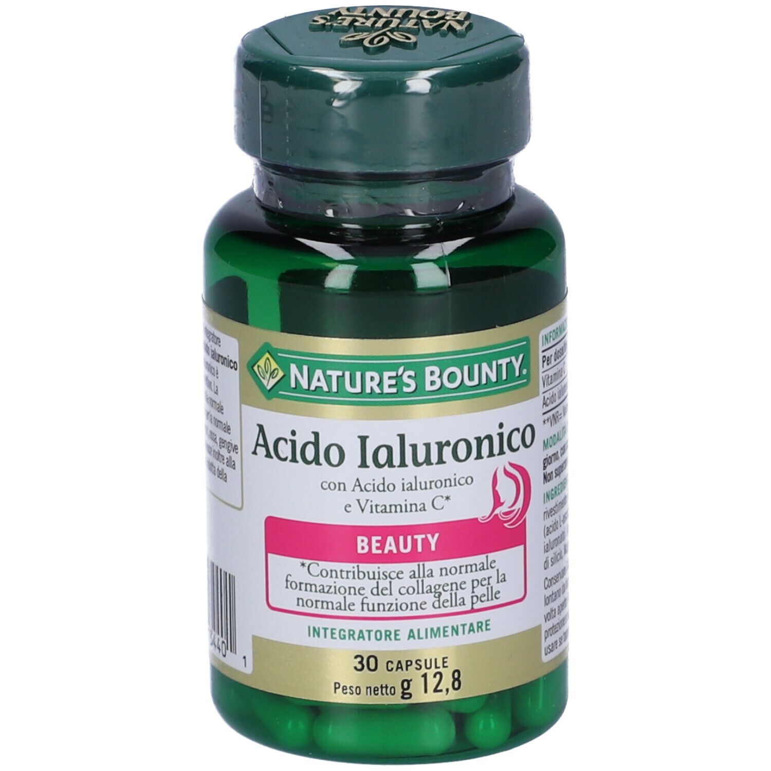 Flacone verde con capsule. Scritta: Acido Ialuronico, Nature's Bounty. 30 capsule.