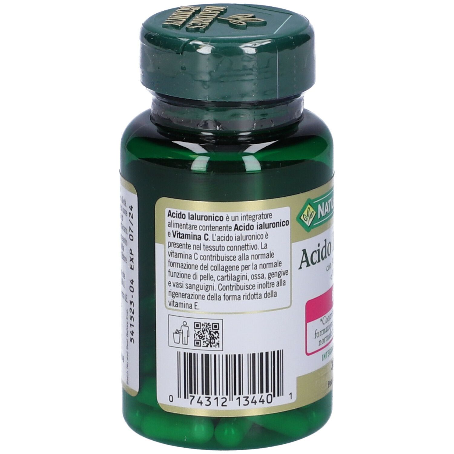 Retro di flacone verde con capsule. Scritta: Acido Ialuronico, Nature's Bounty. Codice a barre.