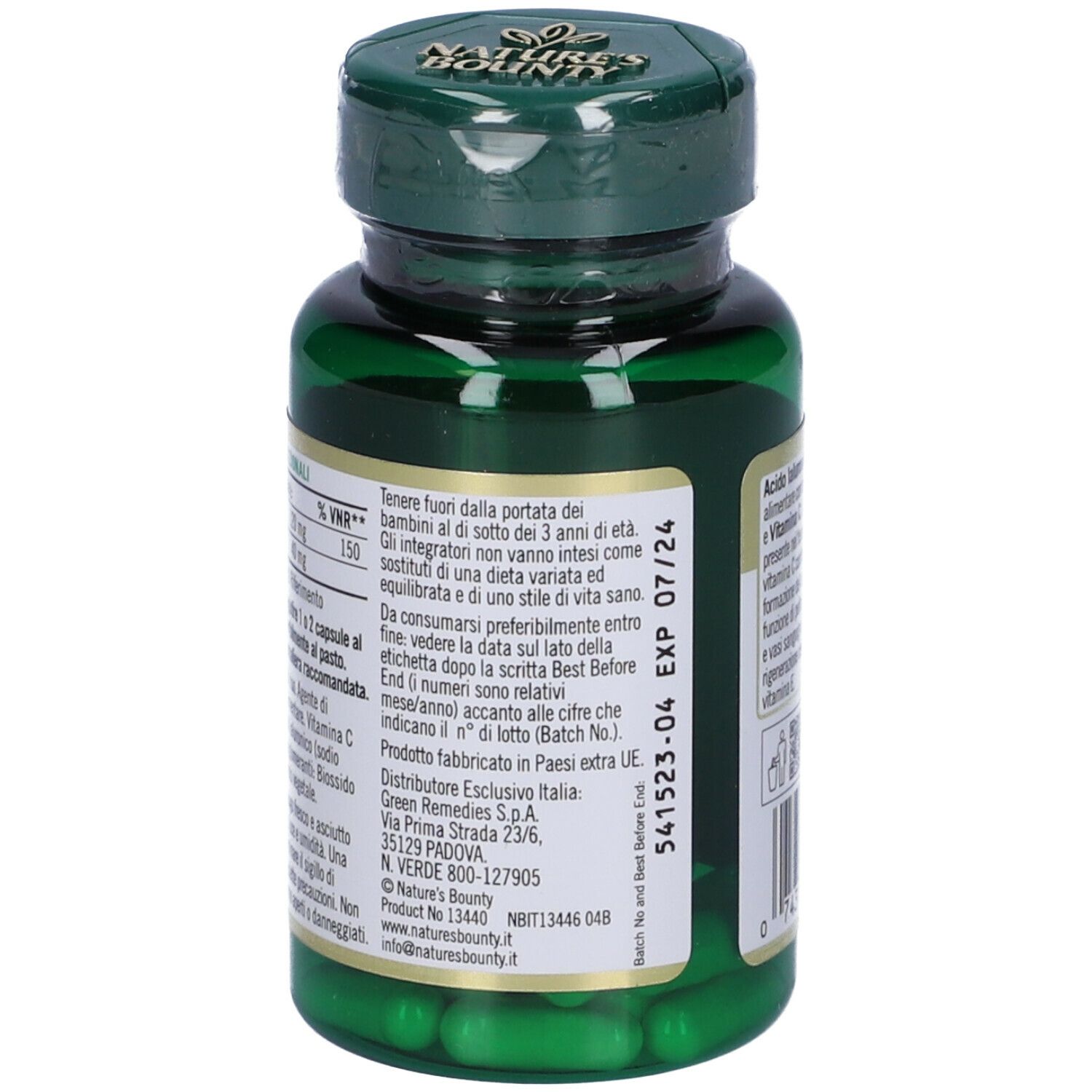 Retro di flacone verde con capsule. Scritta: Acido Ialuronico, Nature's Bounty. Data di scadenza.