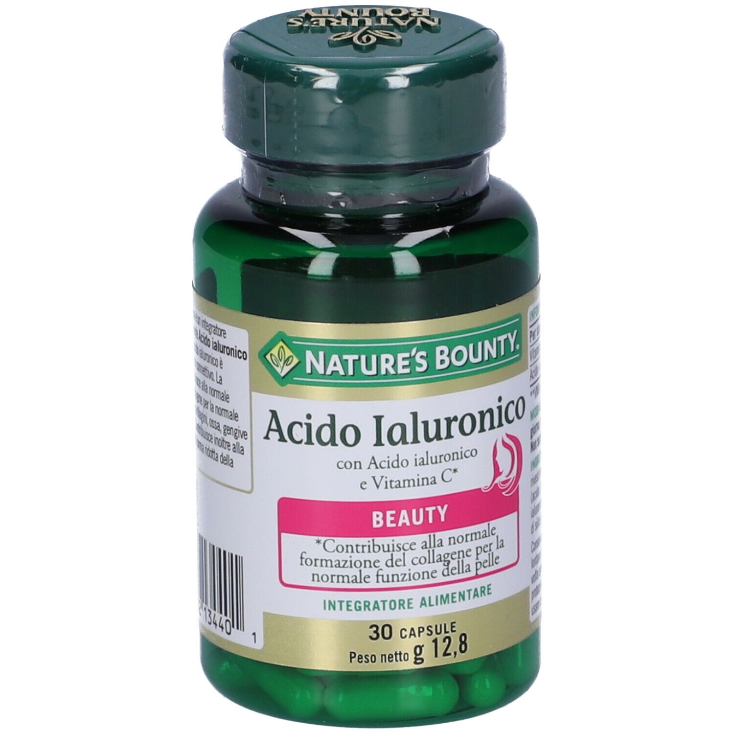 Flacone verde con capsule. Scritta: Acido Ialuronico, Nature's Bounty. 30 capsule.