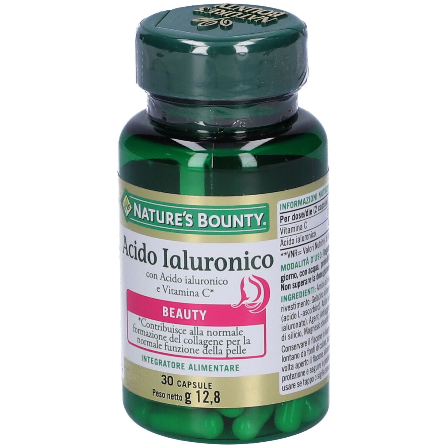 Flacone verde con capsule. Scritta: Acido Ialuronico, Nature's Bounty. 30 capsule.