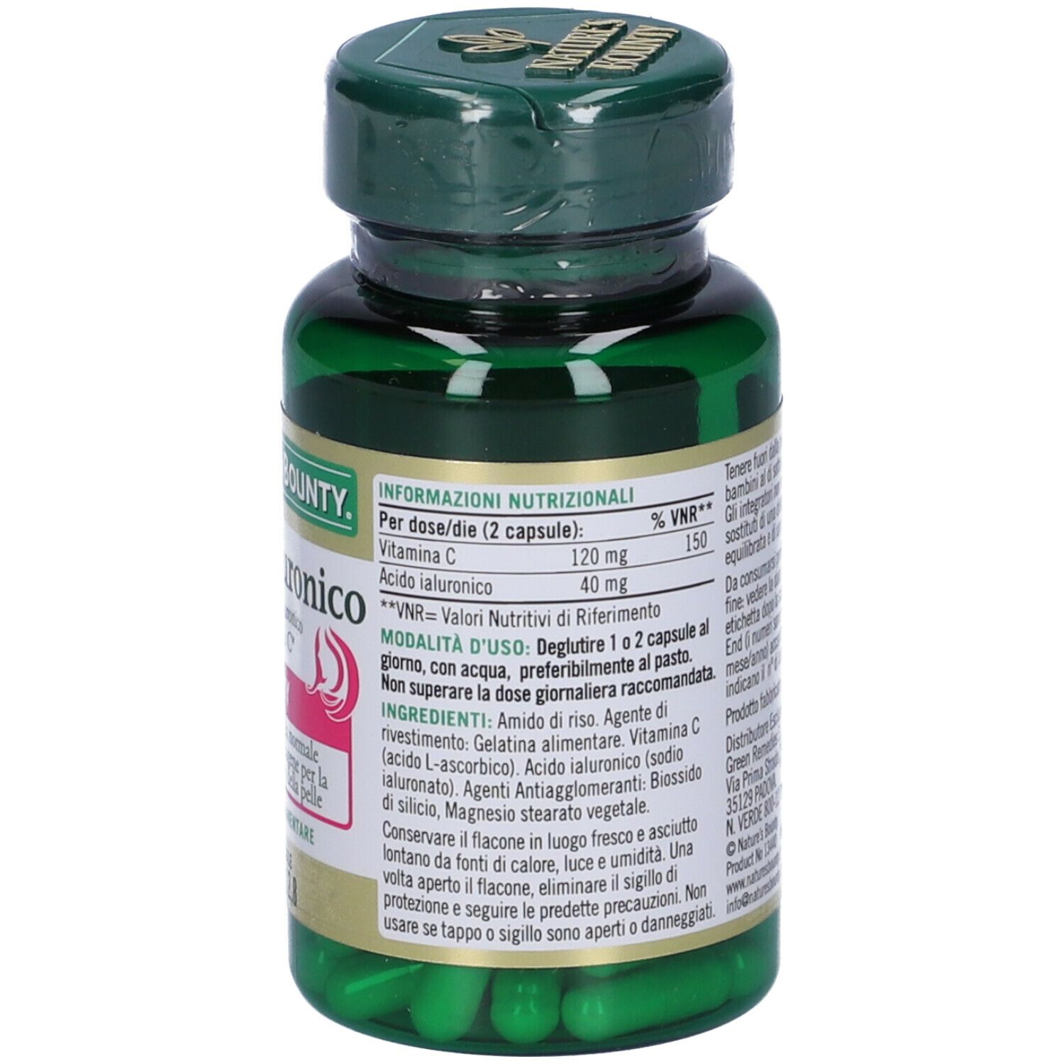 Retro di flacone verde con capsule. Scritta: Acido Ialuronico, Nature's Bounty. Informazioni nutrizionali.